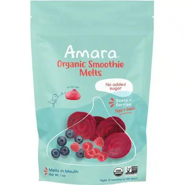 teal bag that says Amara Organic Smoothie Melts on White Background