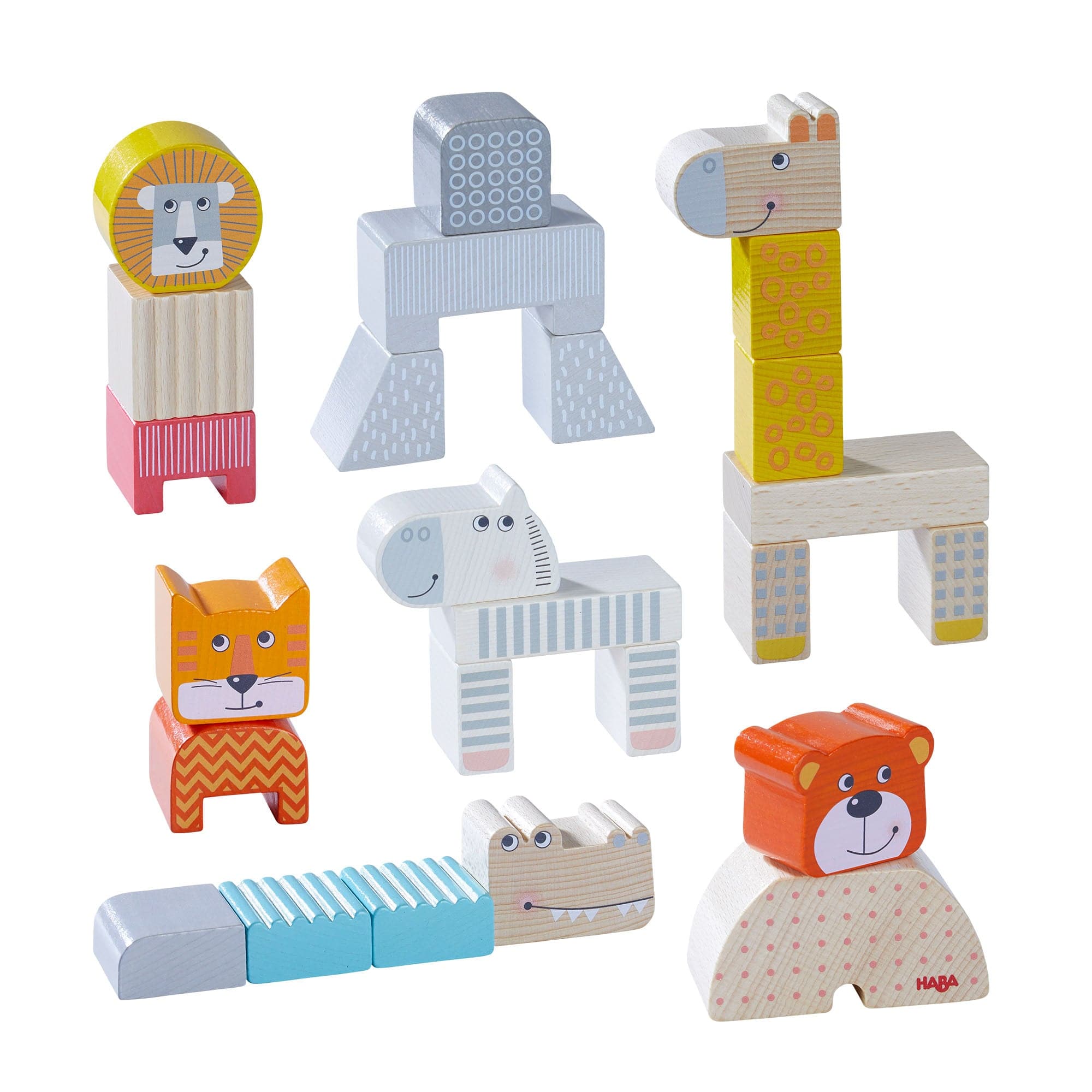 Set of colorful animal-shaped building blocks on a white background