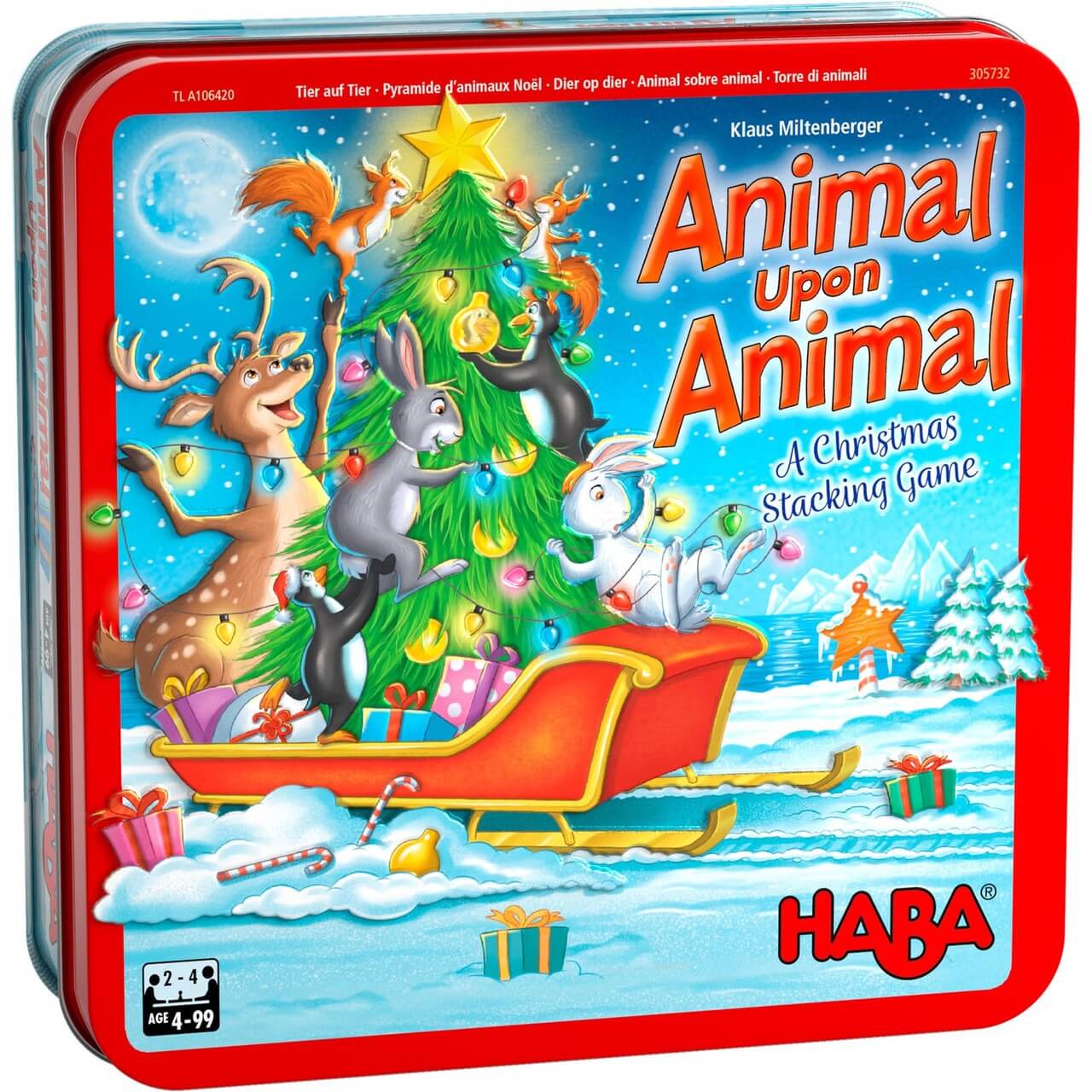 HABA 'Animal Upon Animal' Christmas stacking game packaging with festive design.