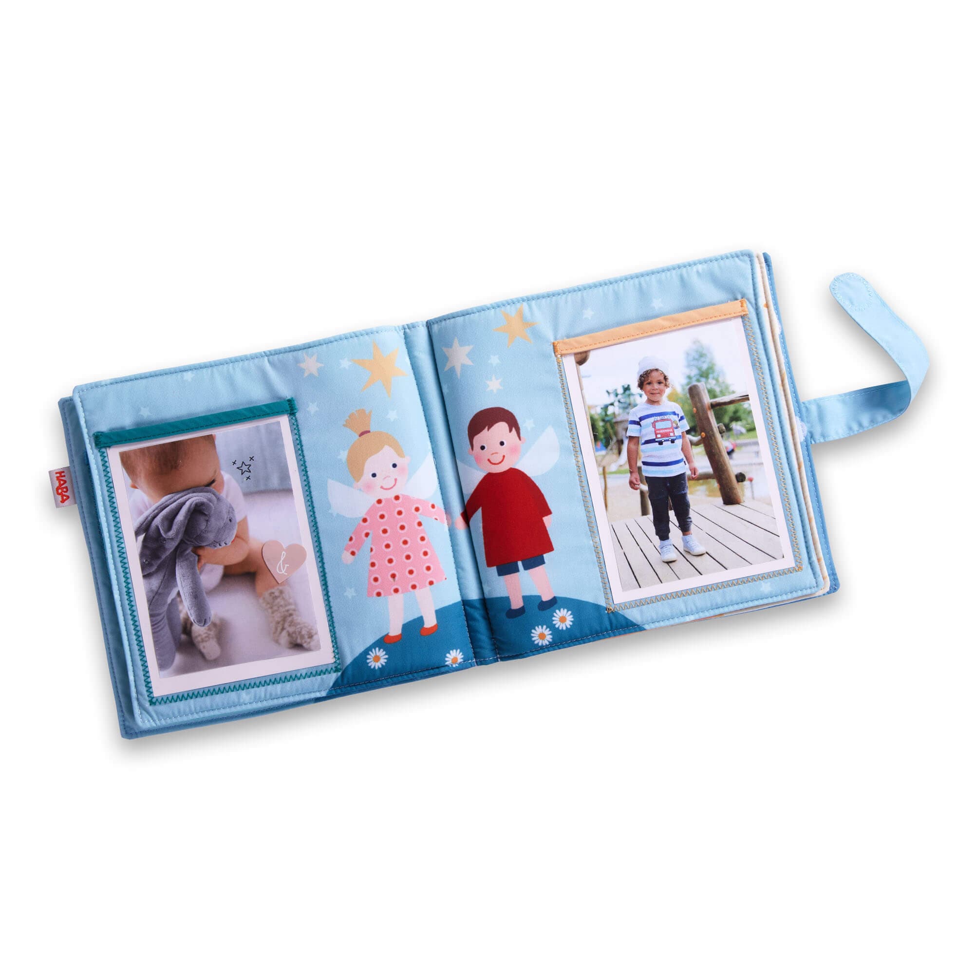Children's photo book with illustrations and photos on a white background