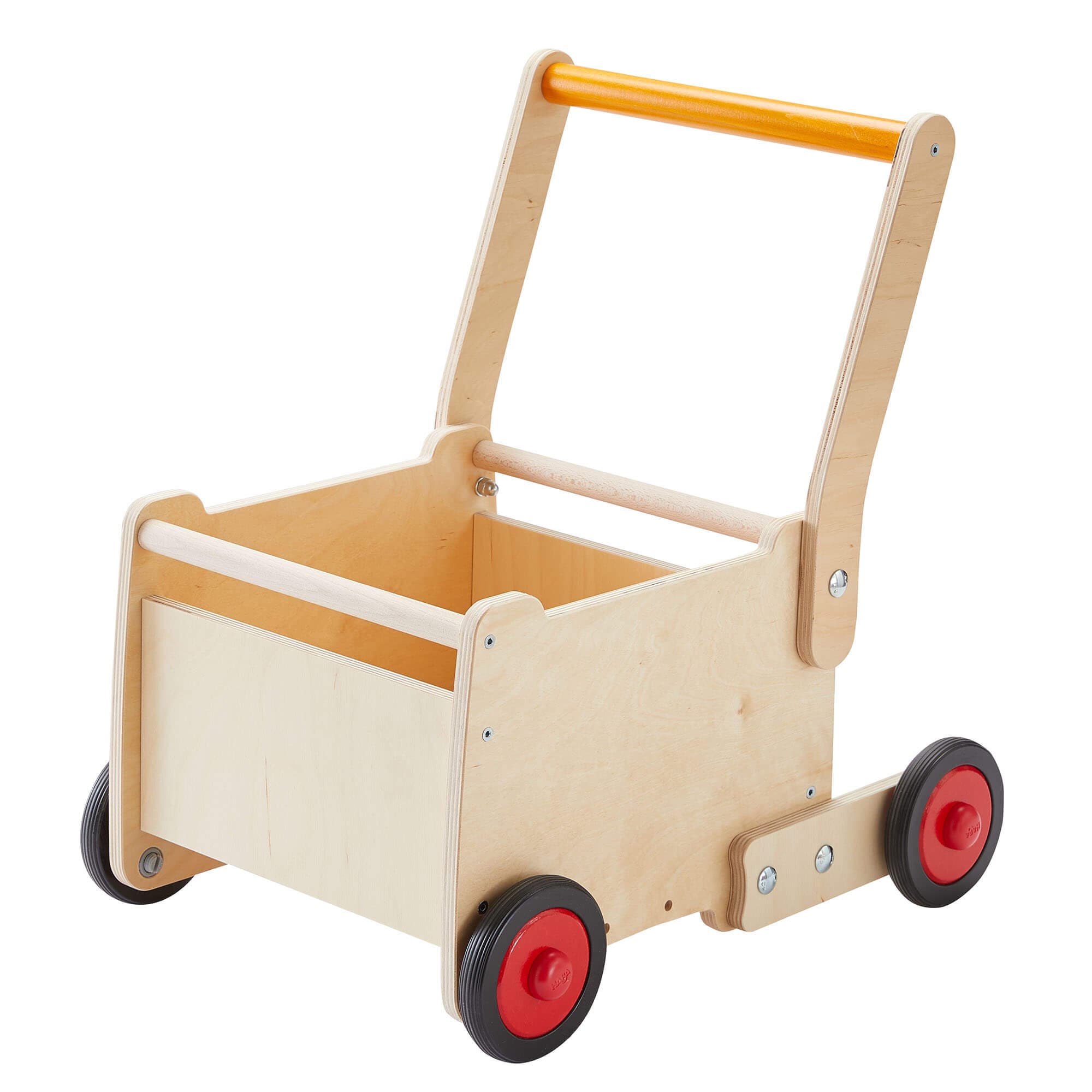 Wooden children's push cart with red wheels on a white background