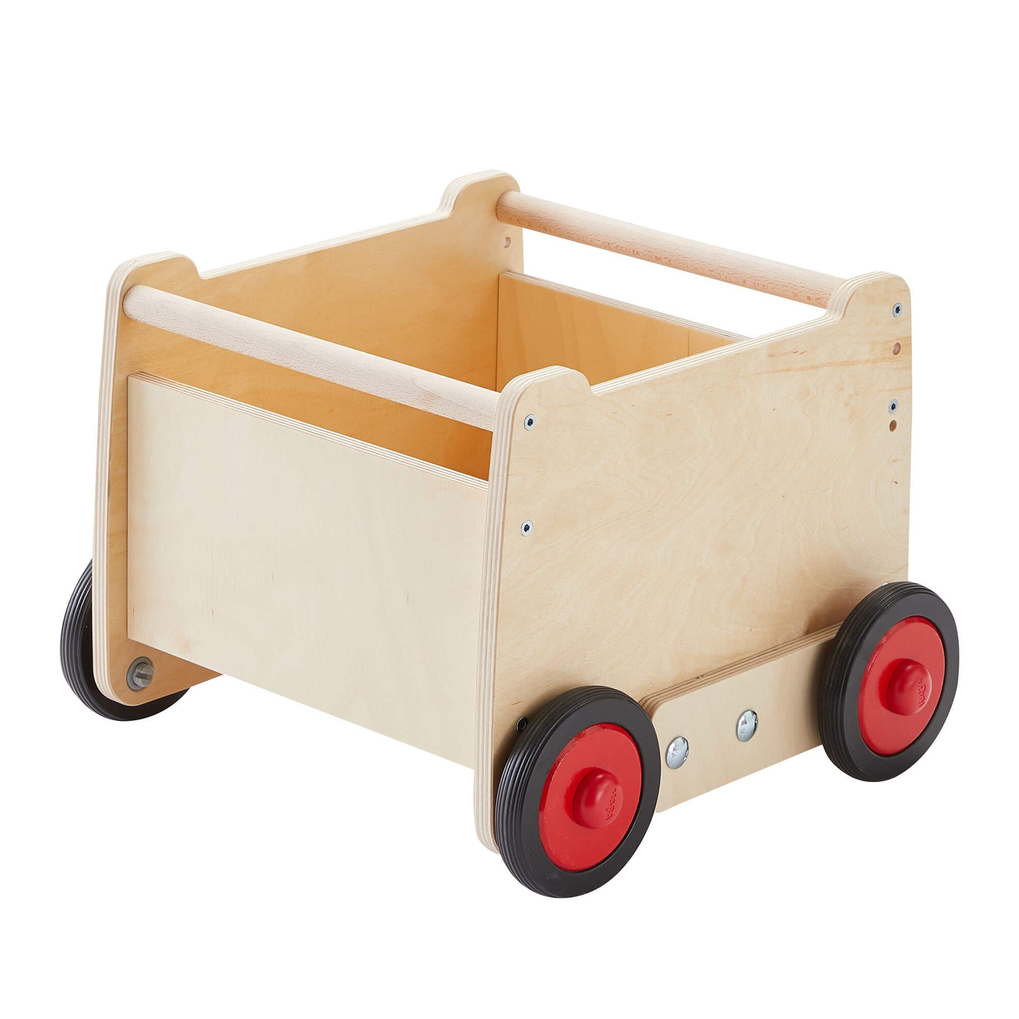 Wooden toy cart with red wheels on a white background