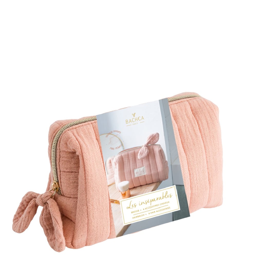 Pink textured pouch with a label on a white background