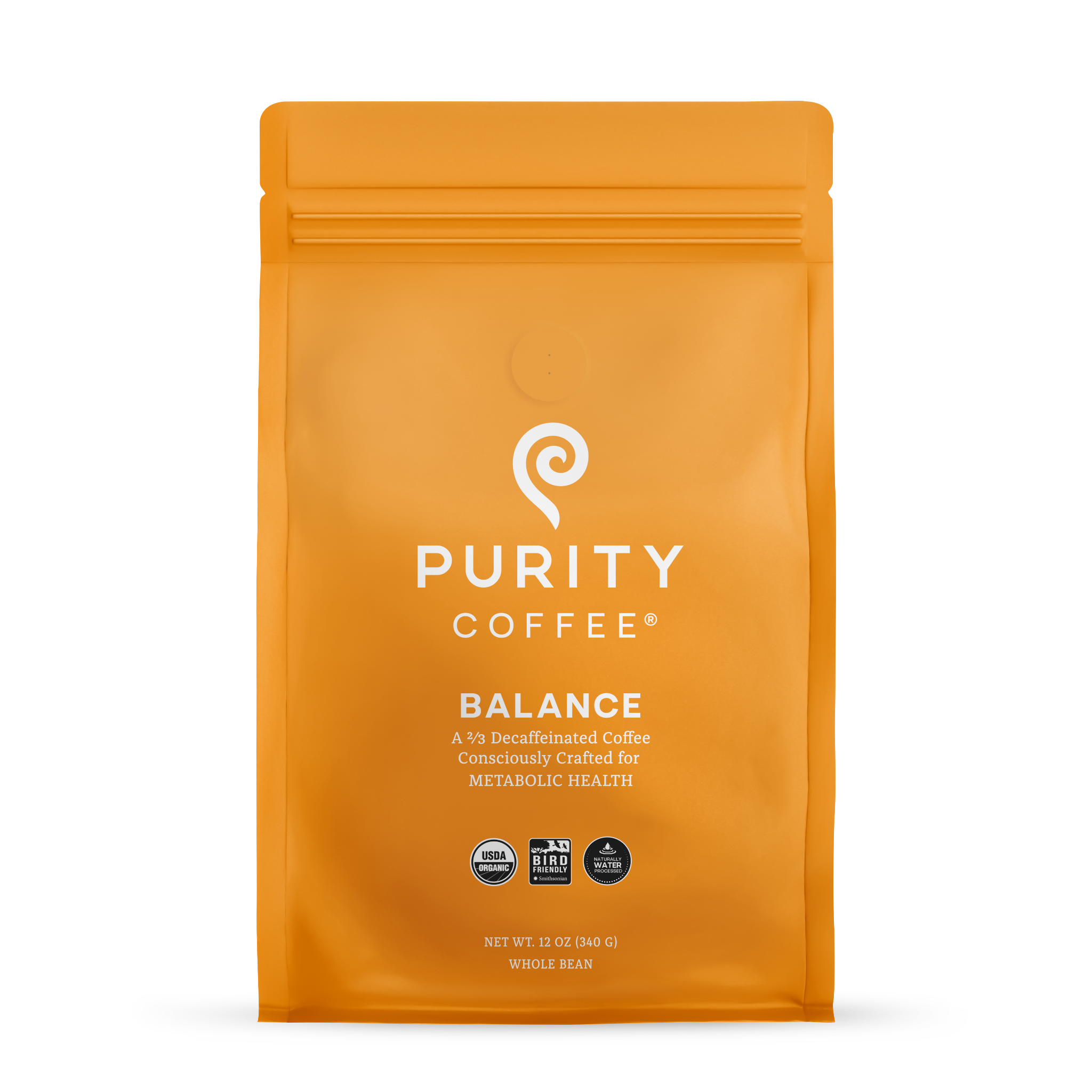 Orange coffee package with 'Purity Coffee' branding on a white background