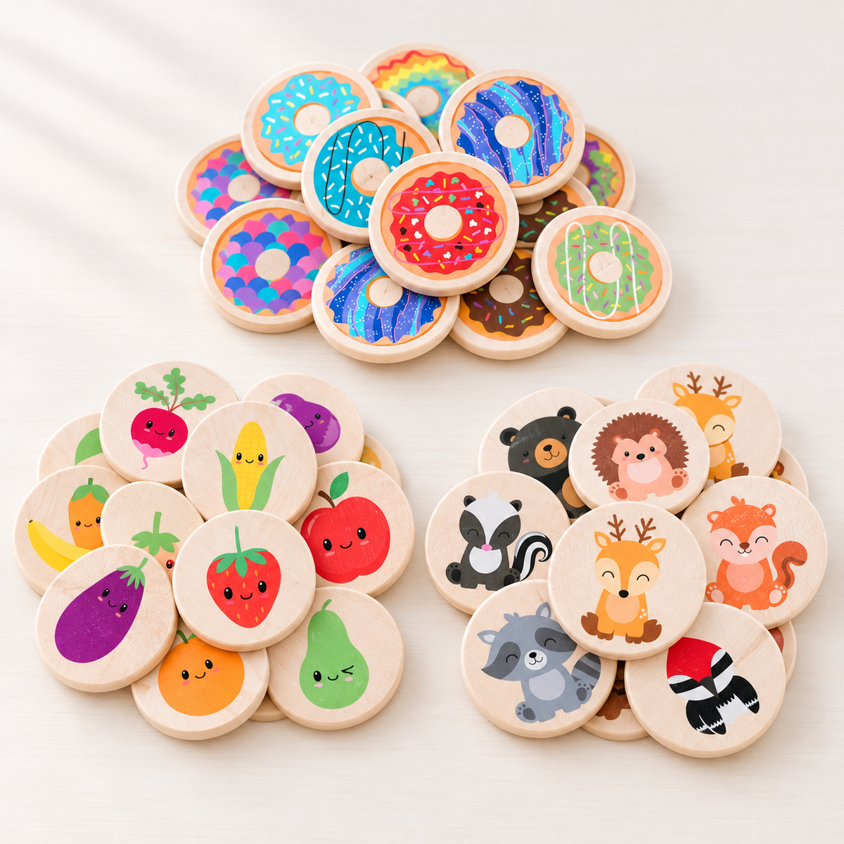 Bannor Toys Wooden Matching Game Collection with donut, farmers market, and woodland animal tiles