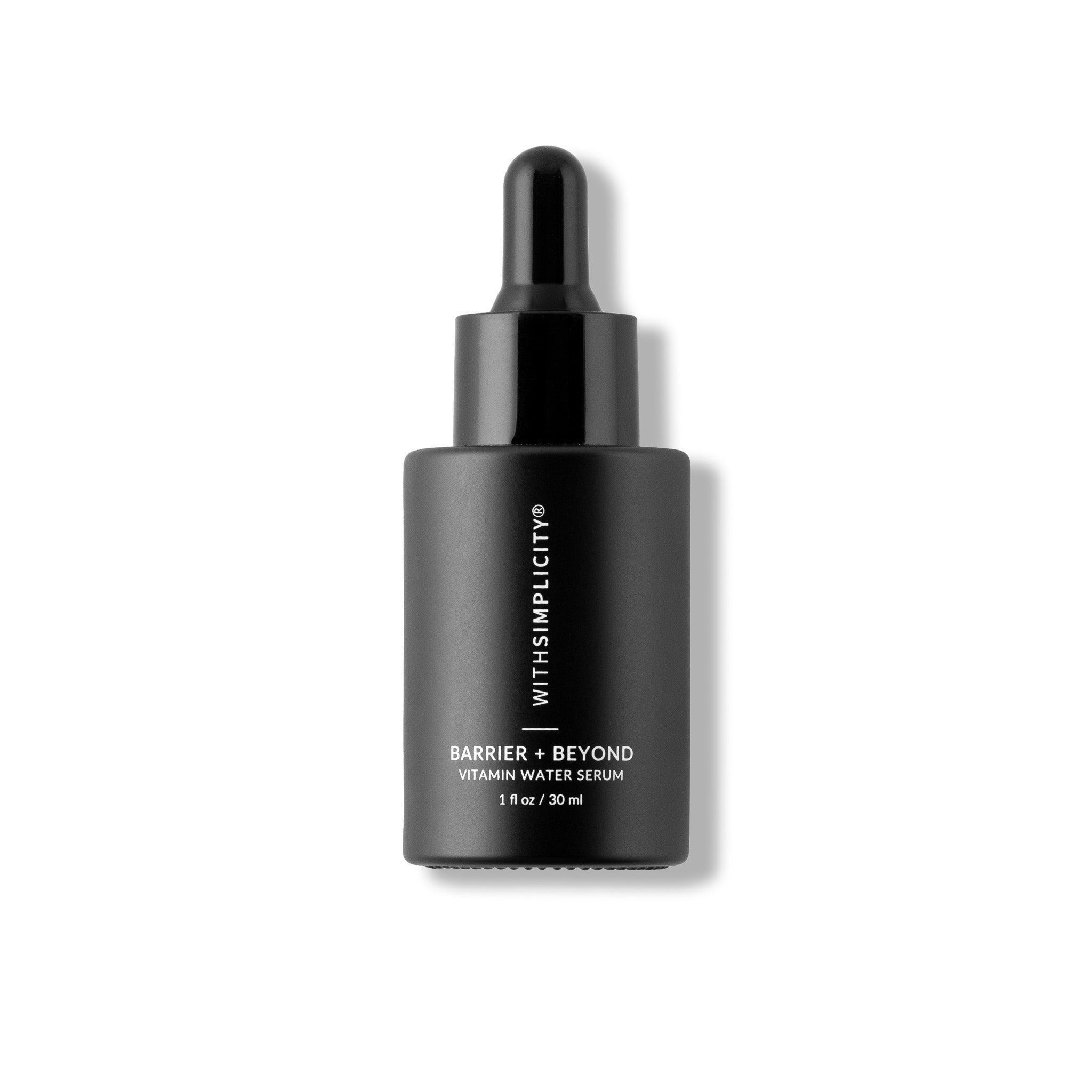 Black serum bottle with dropper labeled 'WITHSIMPLICITY' on a white background