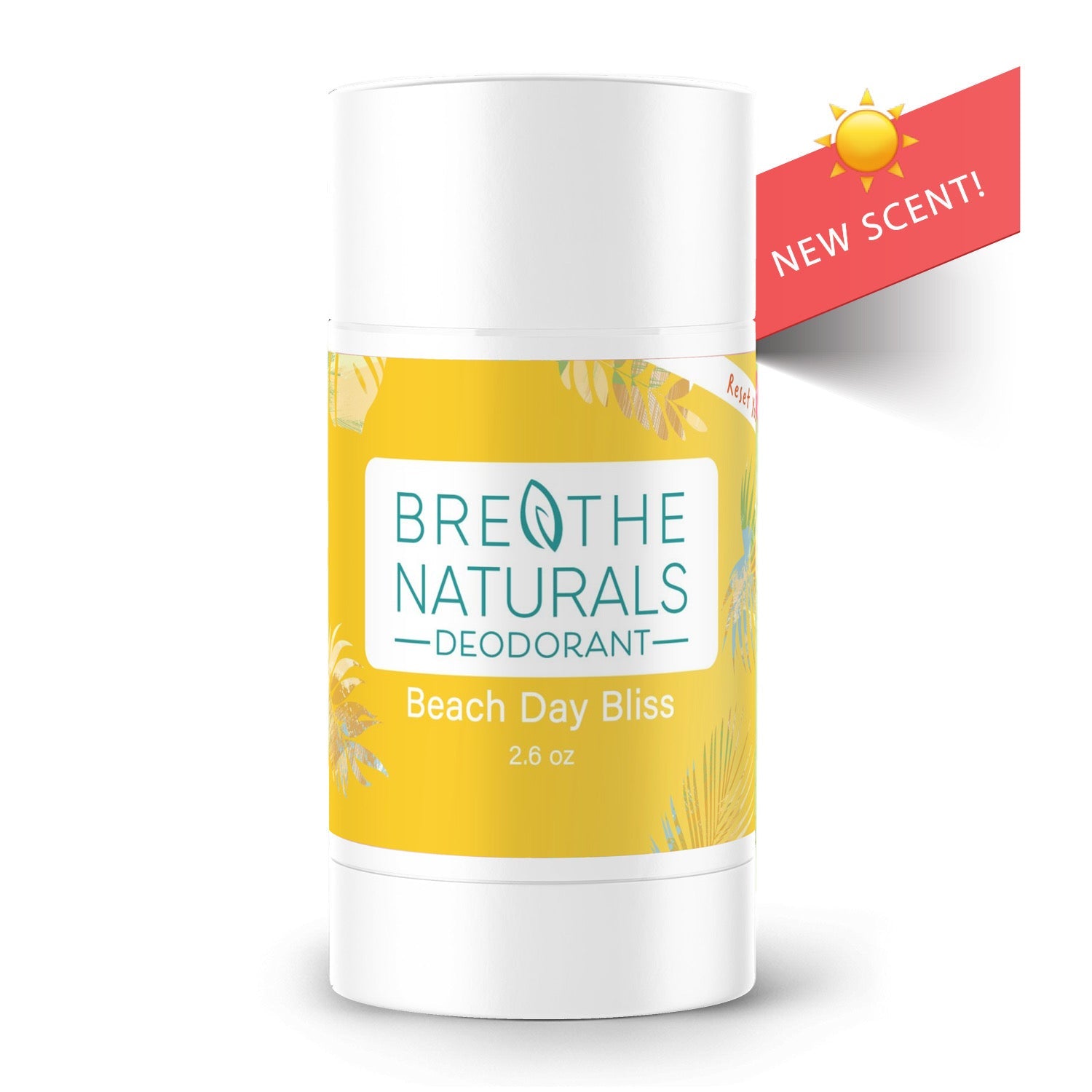 Deodorant stick with 'Breathe Naturals' label on a white background
