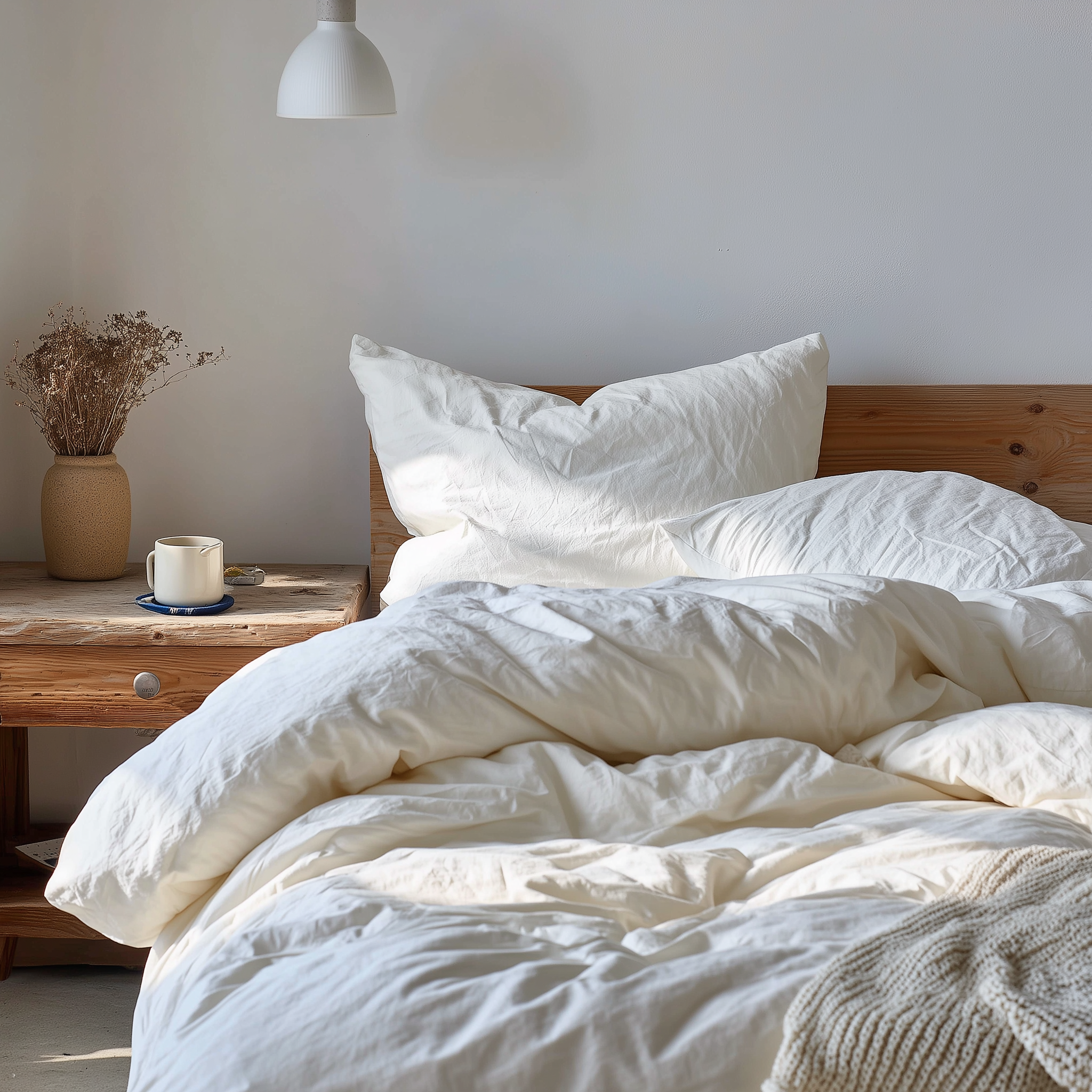 Neatly made bed with white bedding in a bedroom setting.