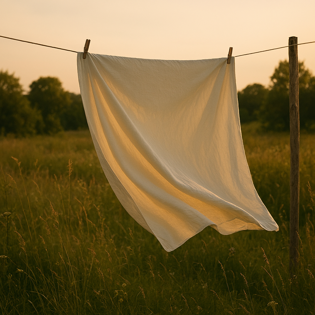 White sheet hanging on a clothesline in a field at sunset