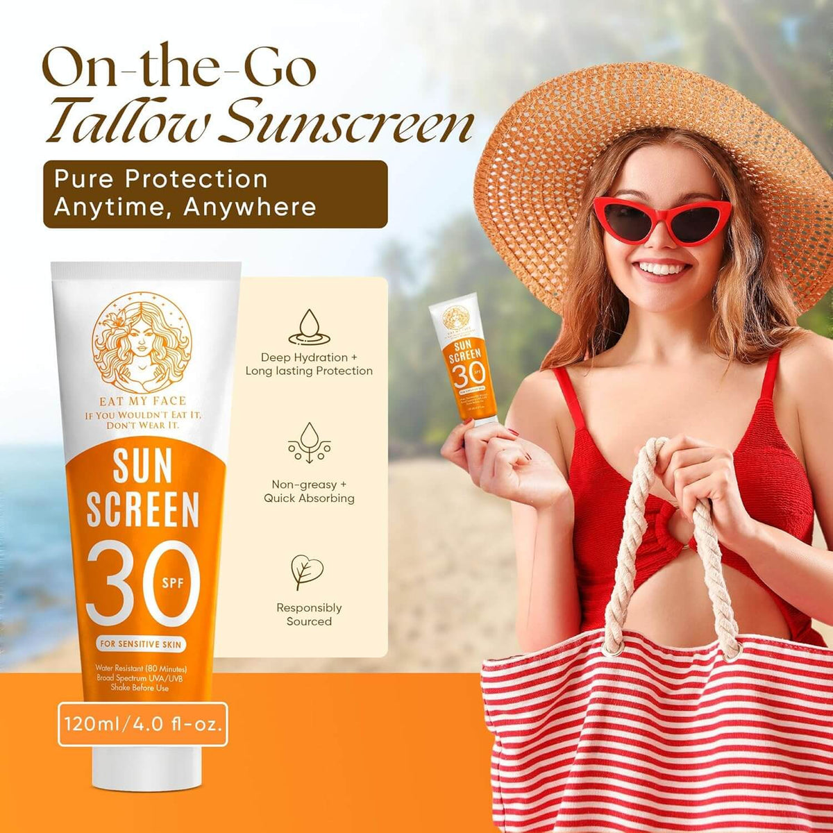 Beef Tallow Sunscreen SPF 30 - Mineral Tube — Eat My Face