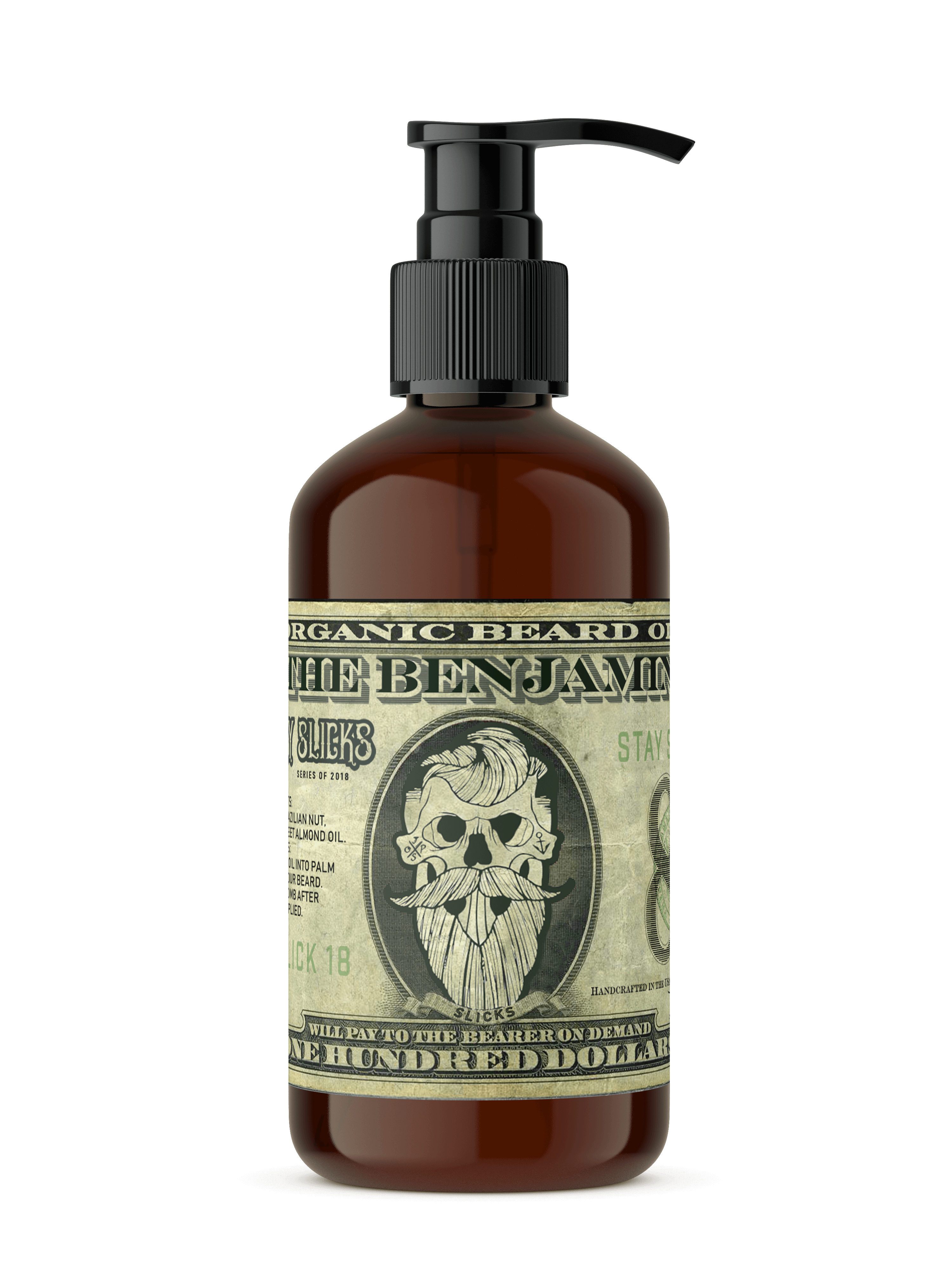 Bottle of organic beard oil with a label resembling a dollar bill on a black background