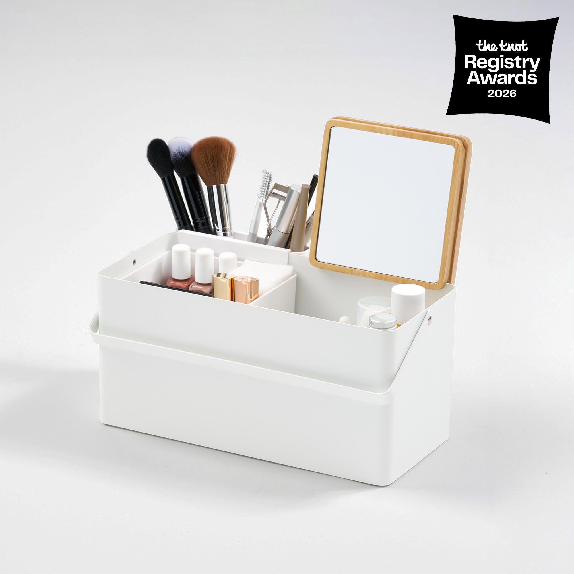 White makeup organizer with brushes and a mirror on a white background, featuring the Trust Registry Awards 2026 logo.