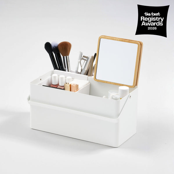 Yamazaki Home Makeup Organizer with Mirror - Steel + Wood - Gimme