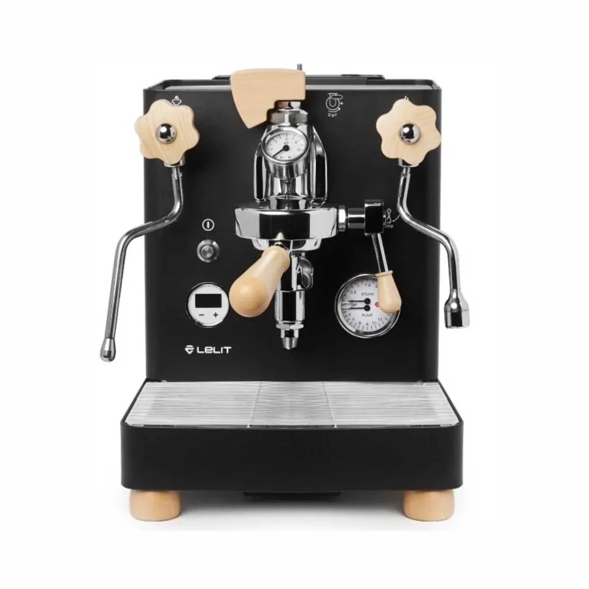 Black espresso machine with wooden handles on a white background
