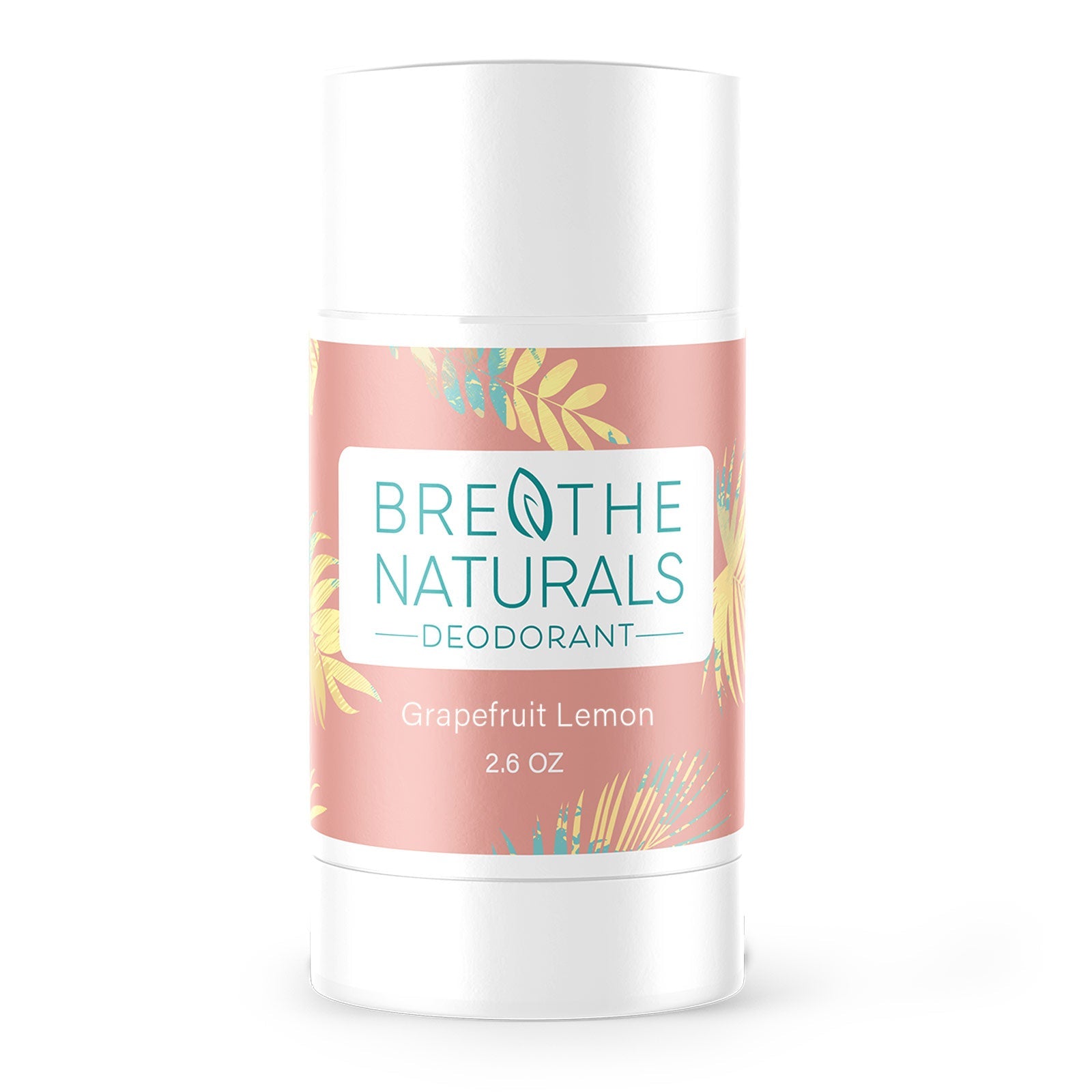 Deodorant stick with 'Breathe Naturals' label on a white background