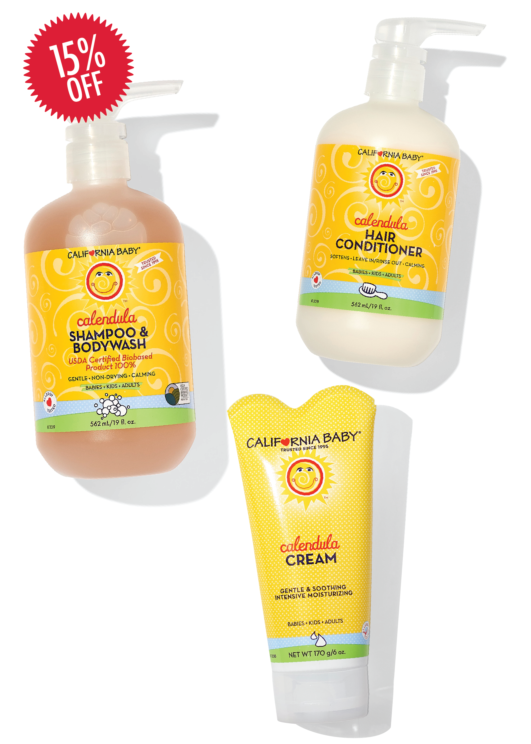 California Baby product set including shampoo, body wash, and cream with a 15% off label.