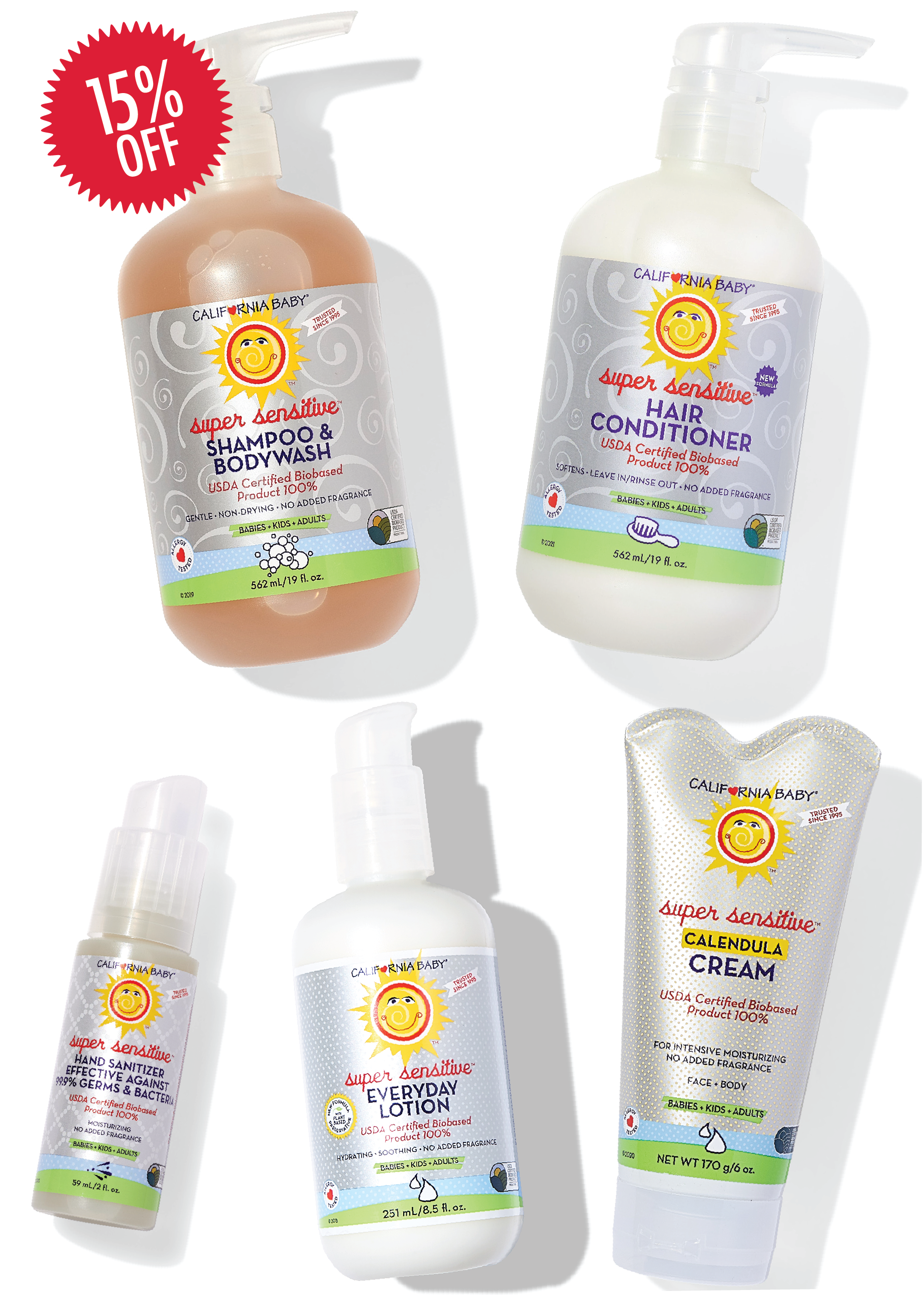 Collection of California Baby products including shampoo, body wash, conditioner, lotion, and cream with a 15% off label.