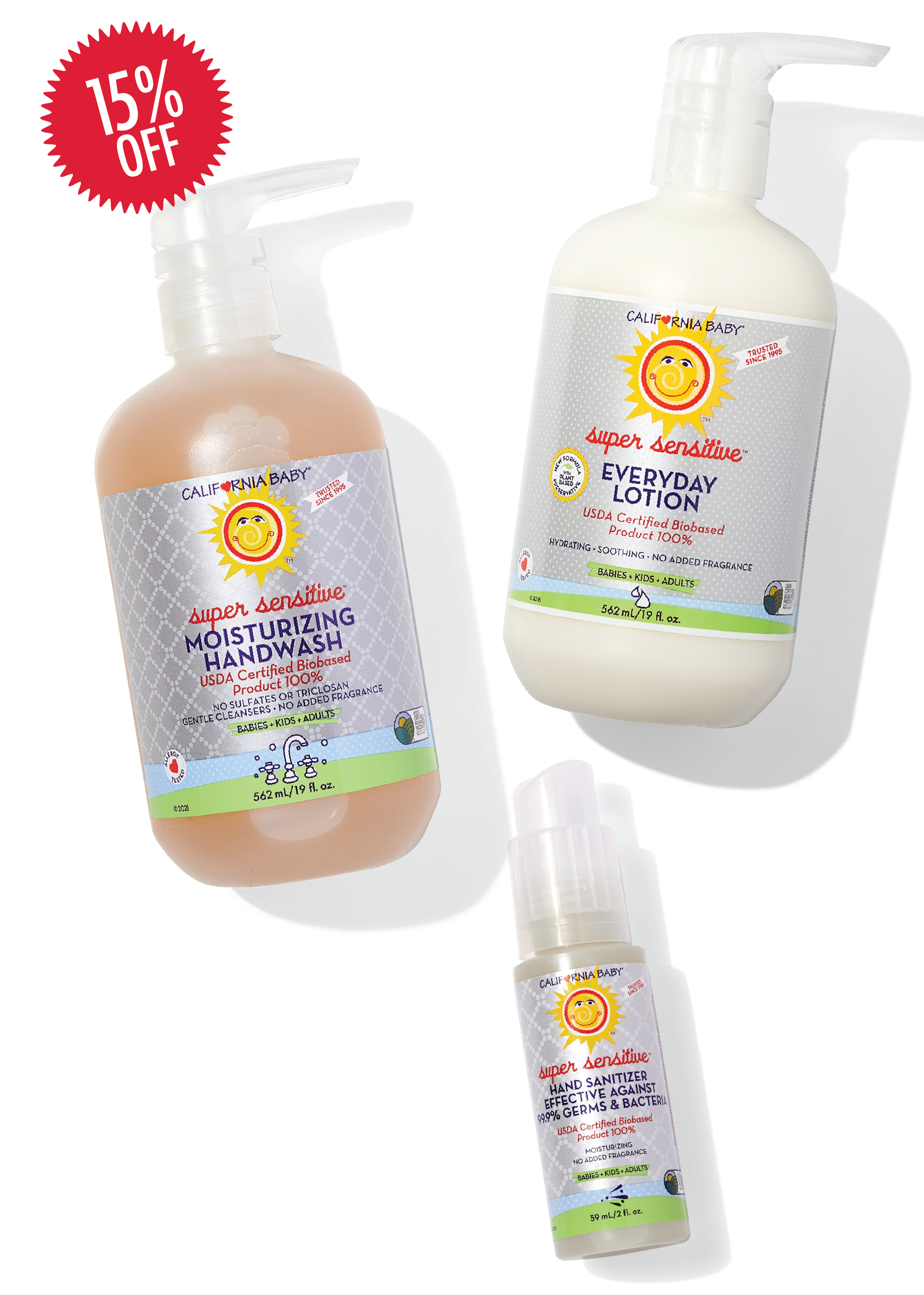 California Baby product set including hand wash, lotion, and lip balm with a 15% off label.