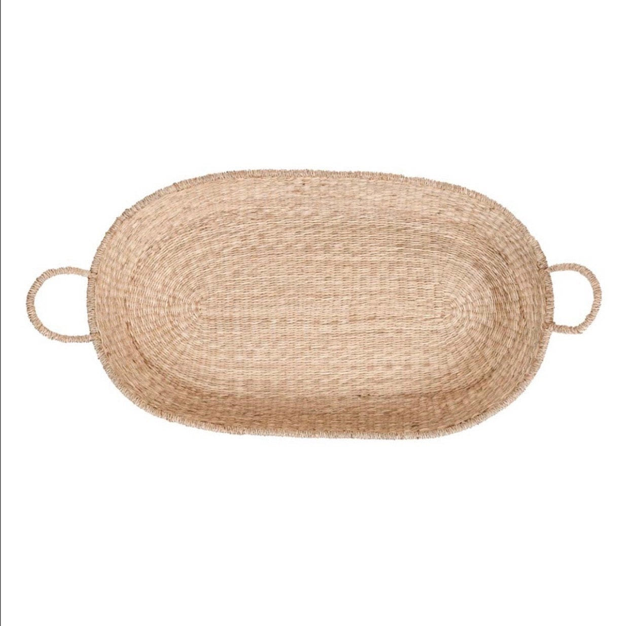 Oval woven tray with handles on a white background