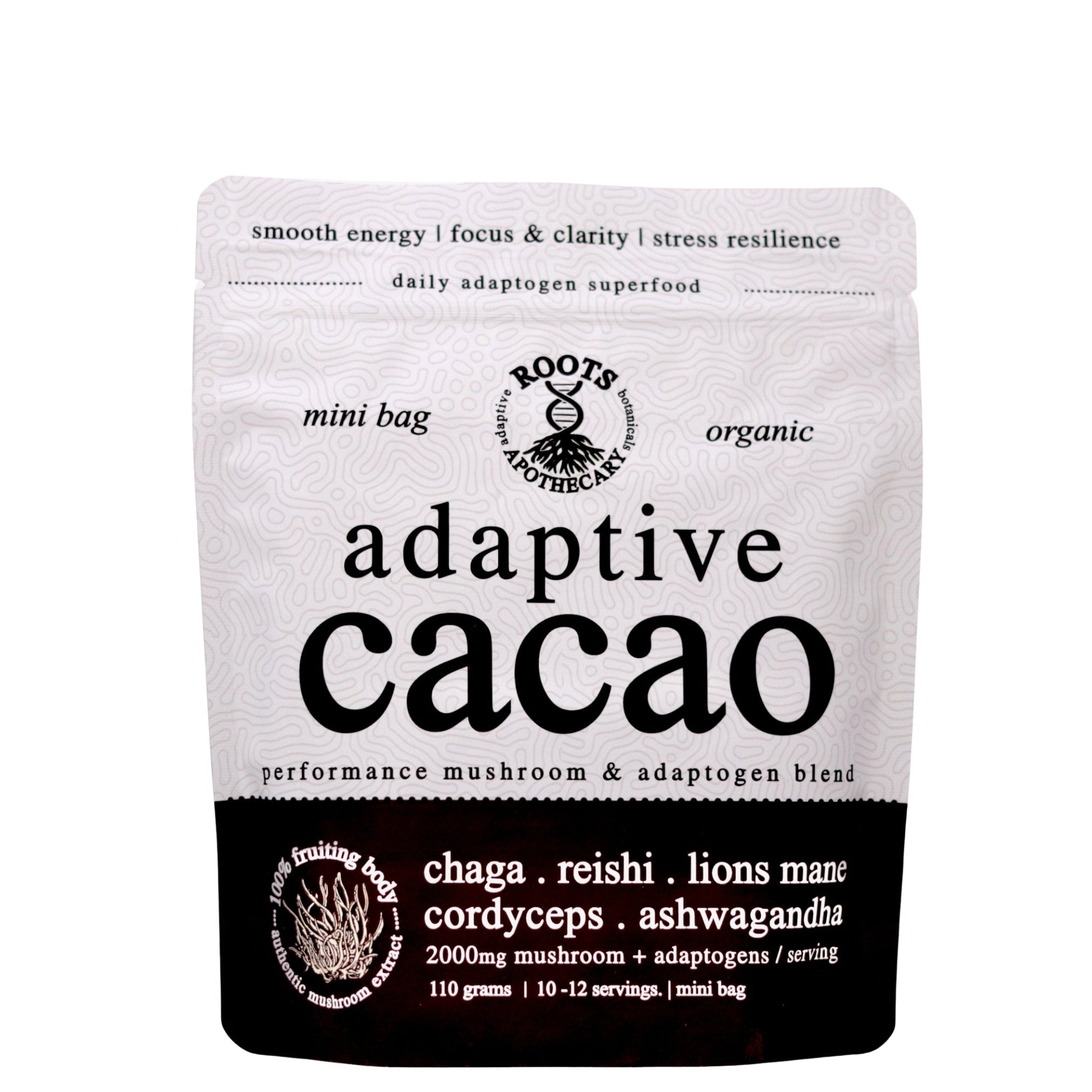 Adaptive Cacao package with Roots Organic branding on a white background