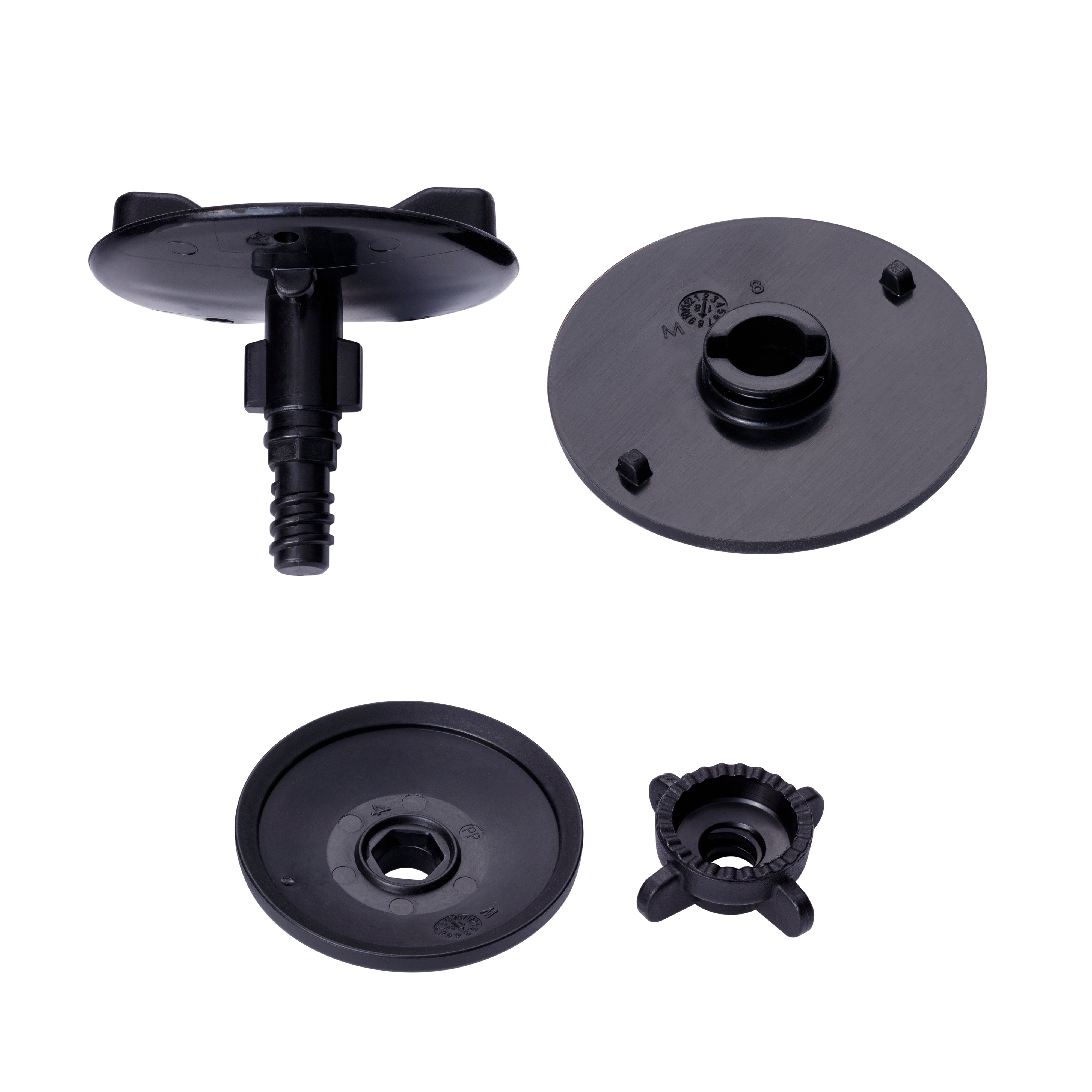 Set of black metal components on a white background