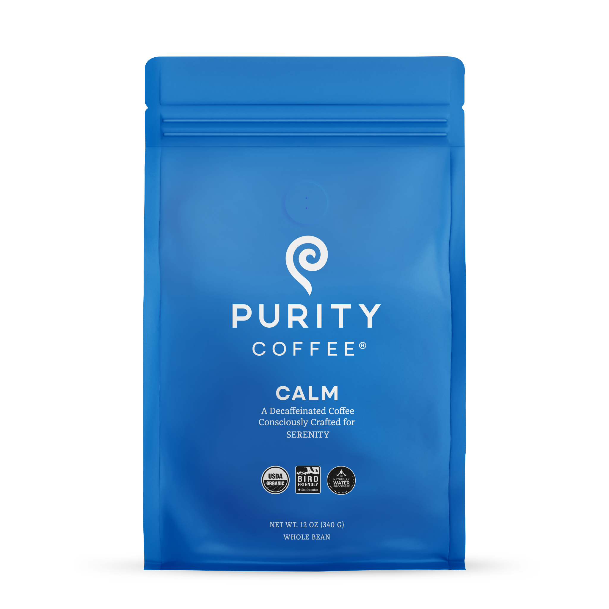 Blue coffee package labeled 'Purity Coffee' on a white background