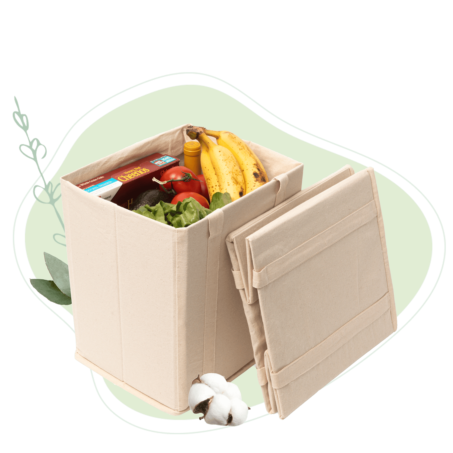 Foldable vegetable storage container with fresh produce on a green background