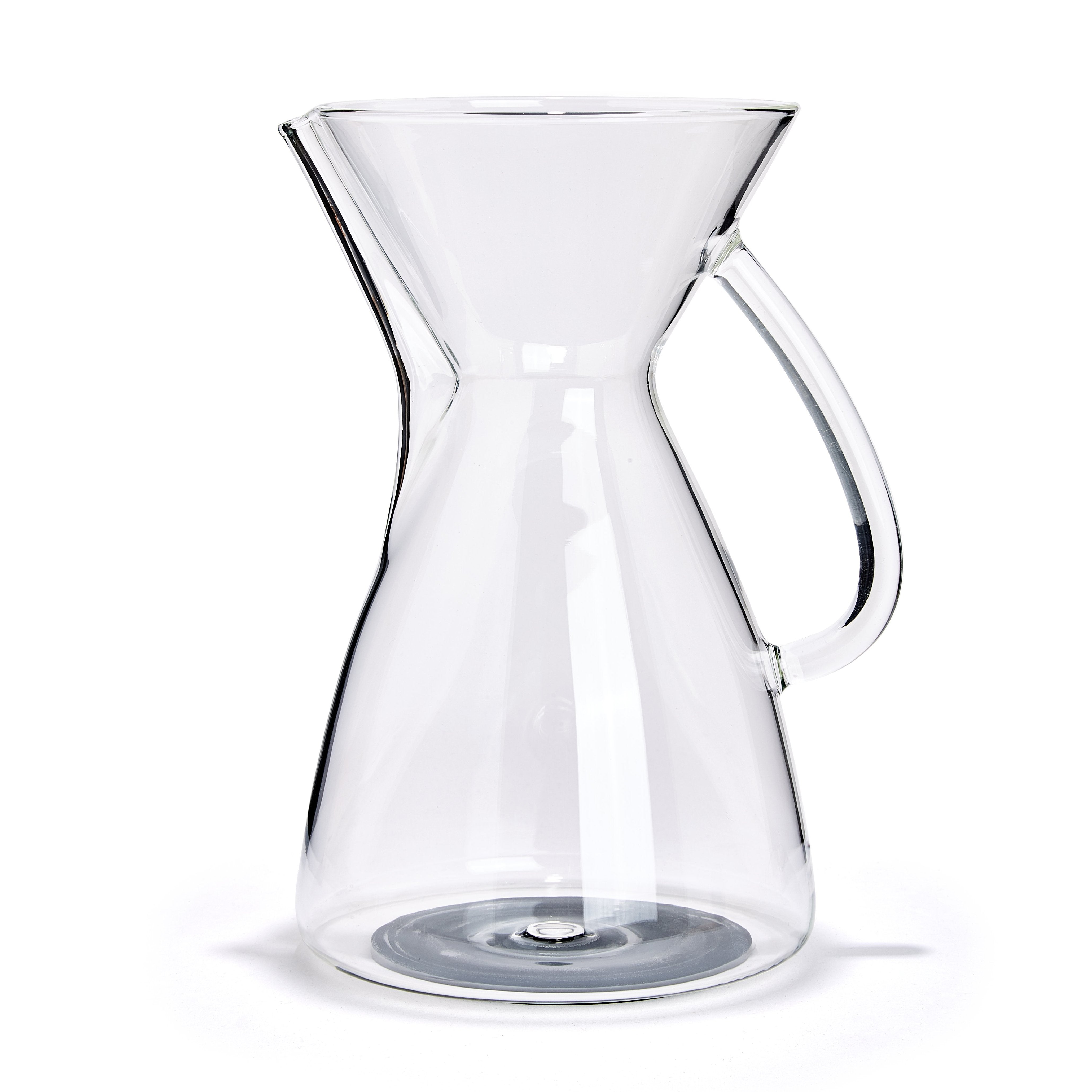Clear glass carafe with handle on a white background