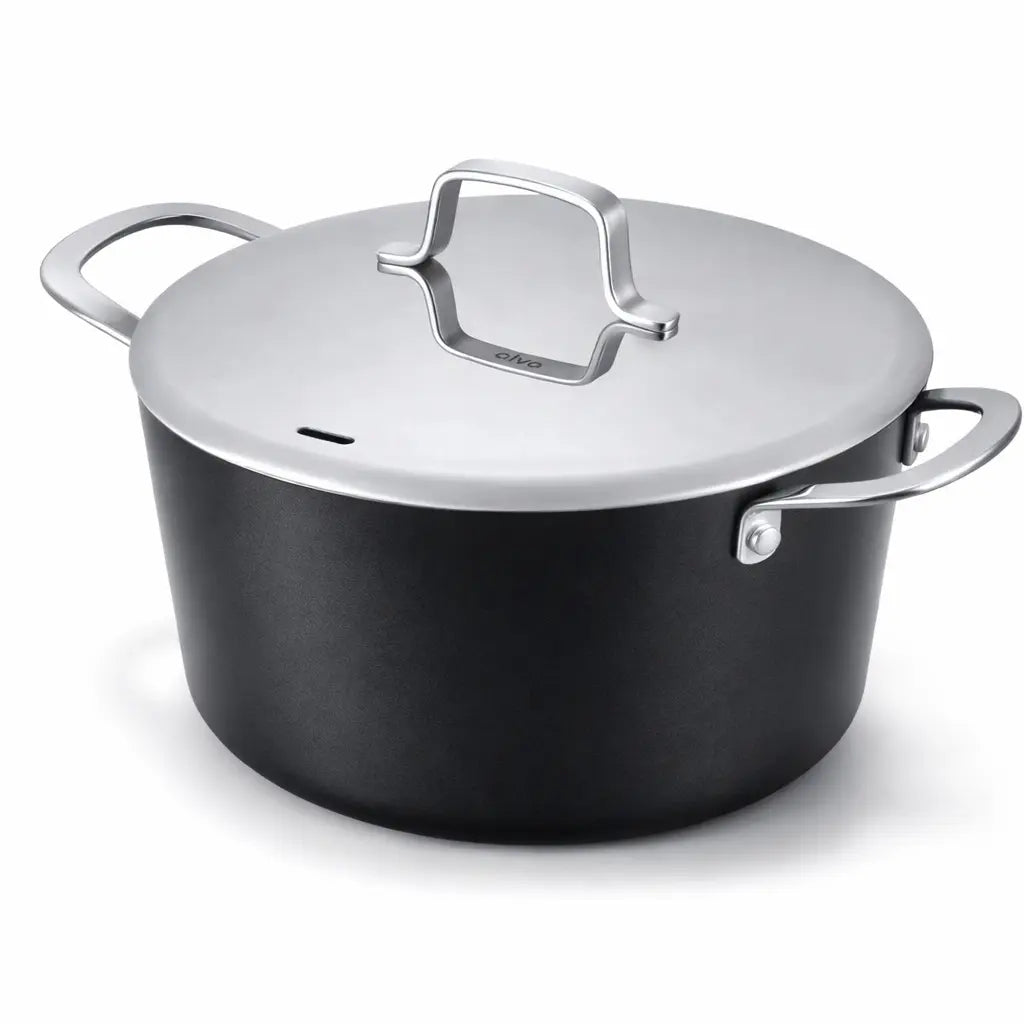 Black pot with a silver lid on a white background