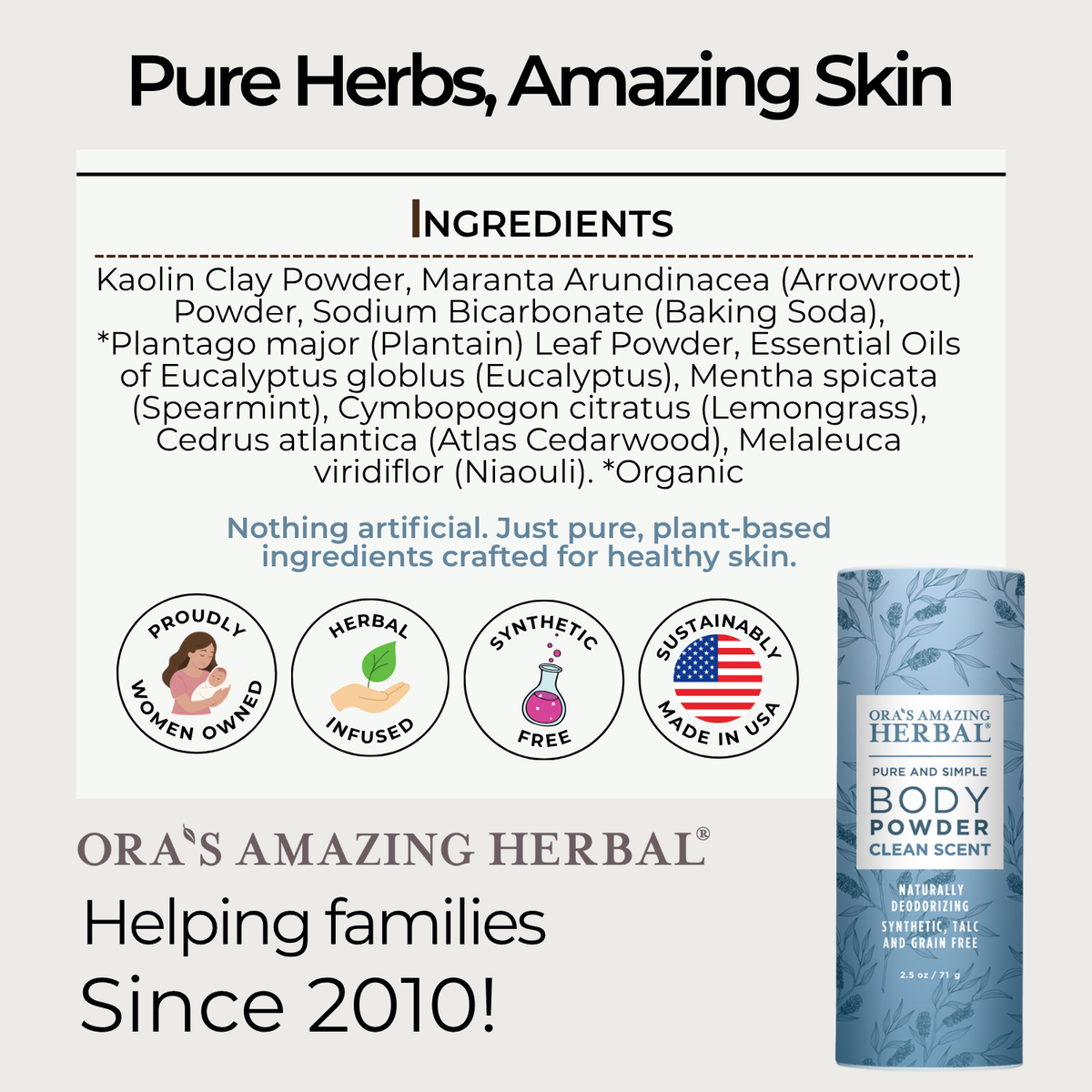 Ora's Amazing Herbal Talc Free Body Powder, Clean Scent