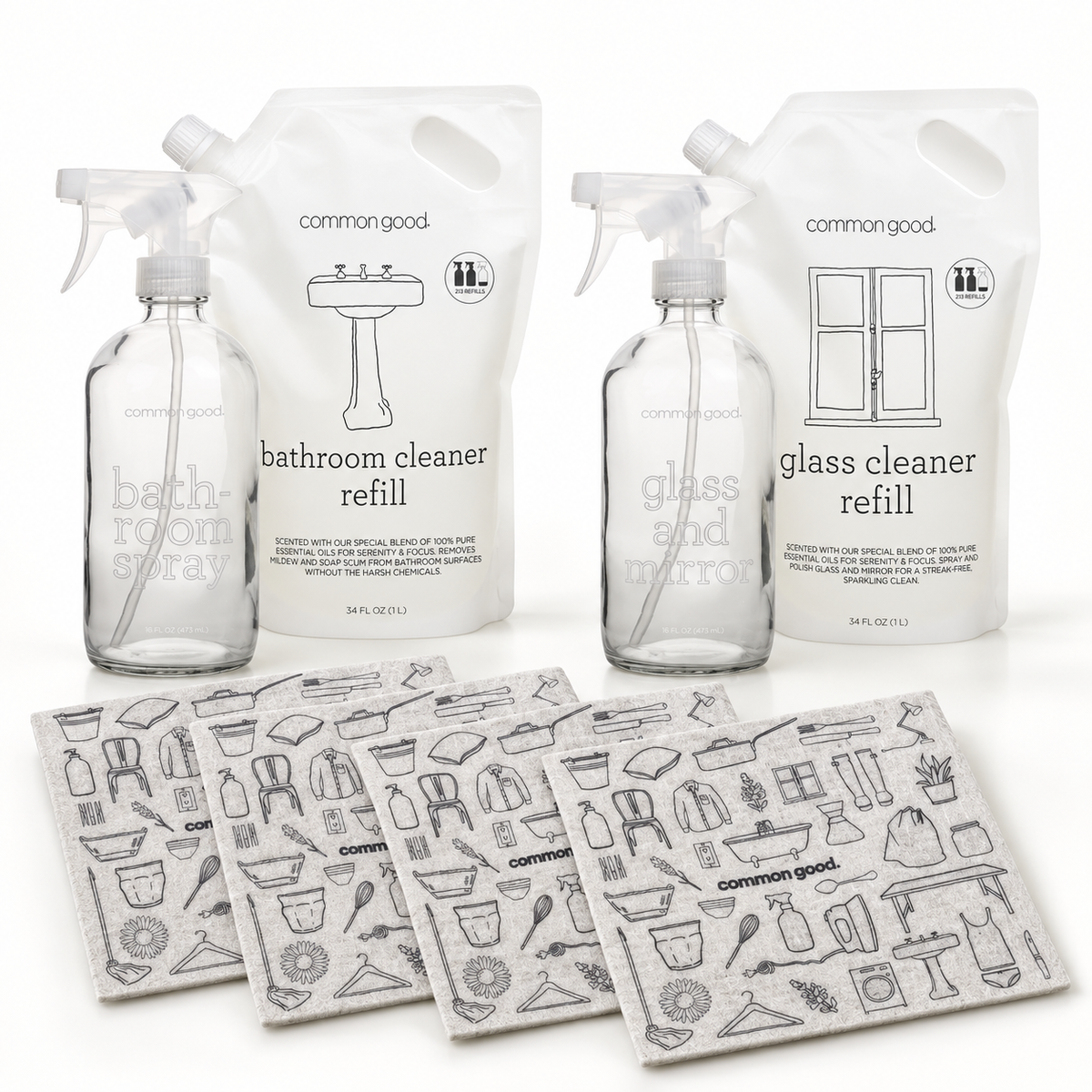 Common Good Bathroom and Glass Cleaning Bundle with two cleaner sets and four Swedish cloths