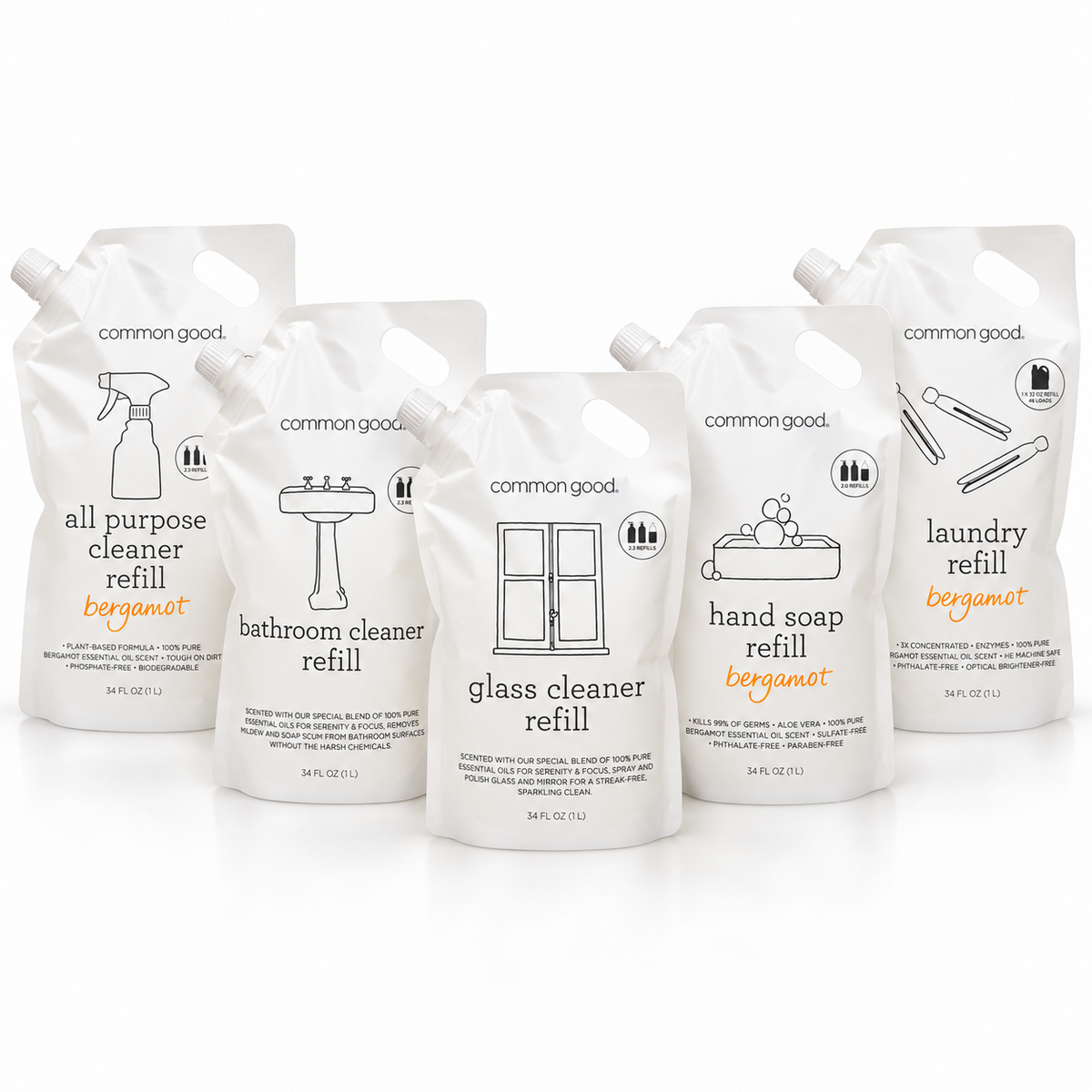 Common Good Whole-Home Refill Bundle with all-purpose, bathroom, glass, hand soap, and laundry refill pouches