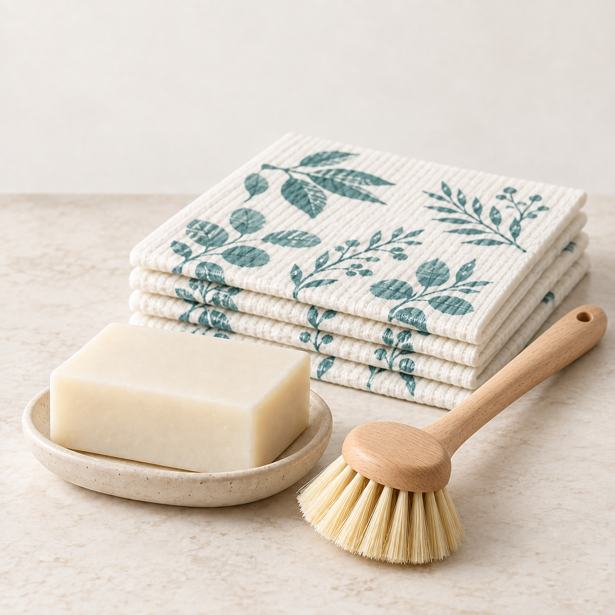 Common Good Zero-Waste Dishwashing Bundle with solid dish soap bar, wooden dish brush, and four Swedish cloths