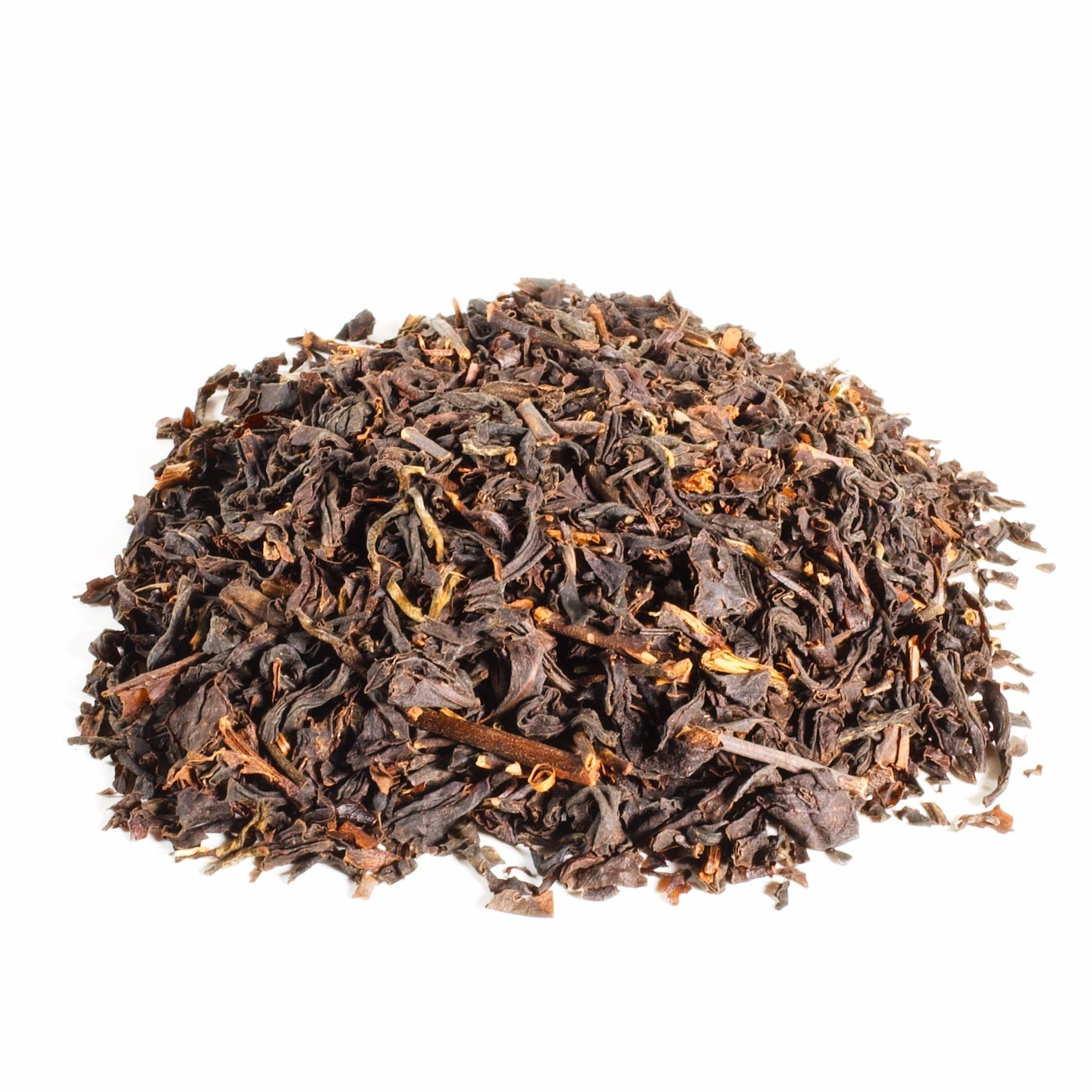 Dry black tea leaves on a white background