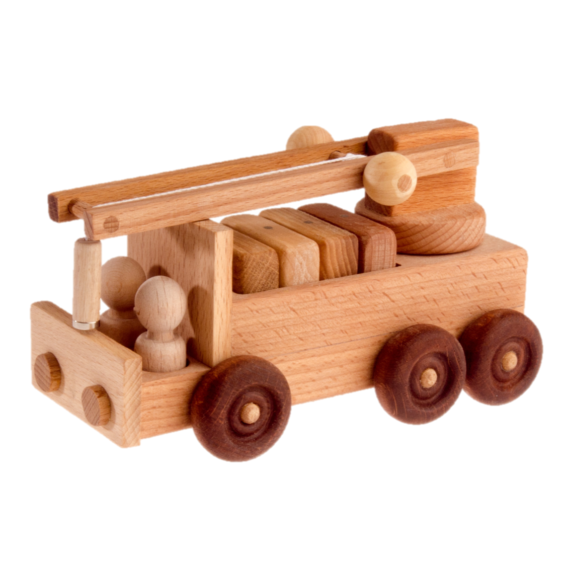 Wooden toy truck with various wooden blocks on a white background