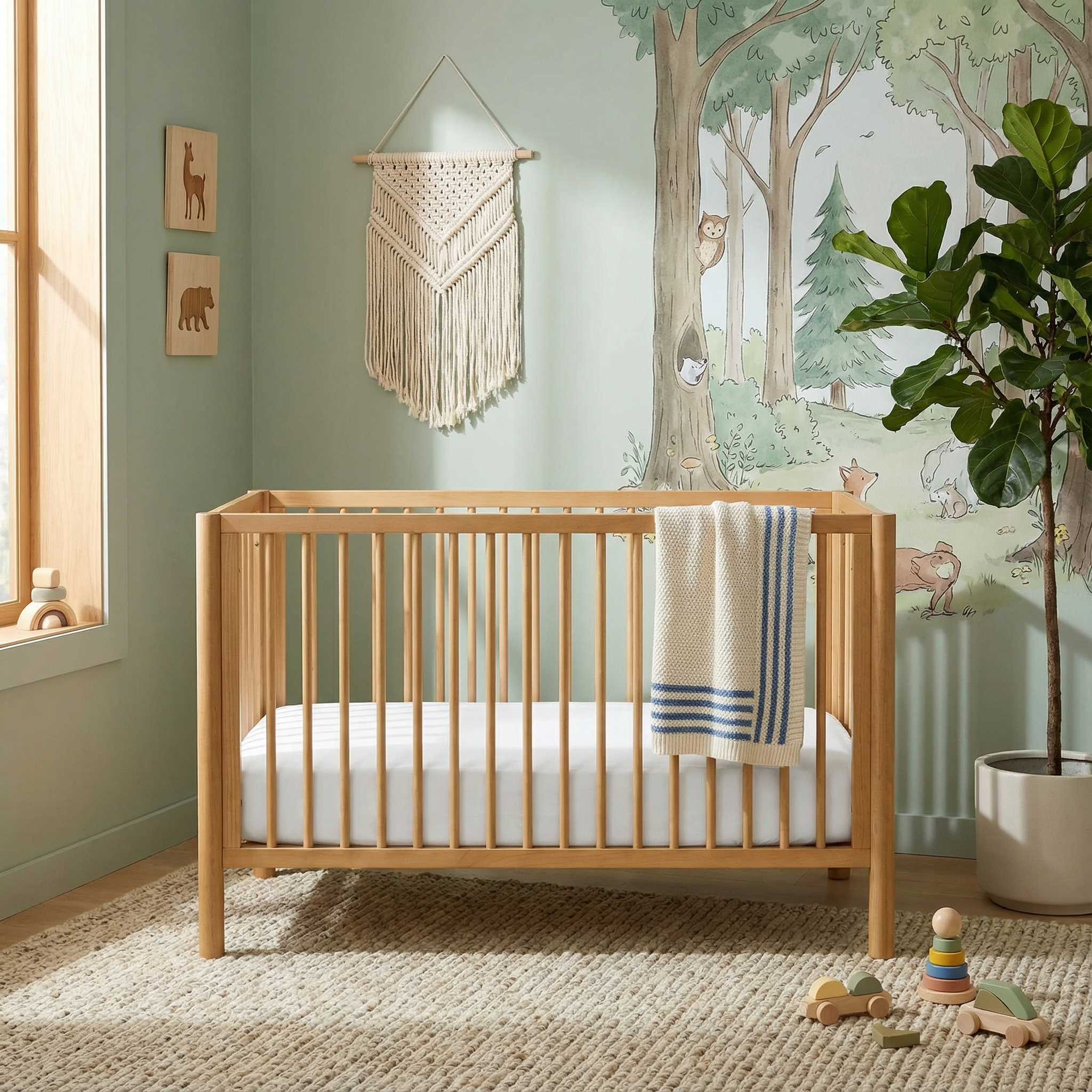 Wooden crib in a child's room with a forest mural on the wall.