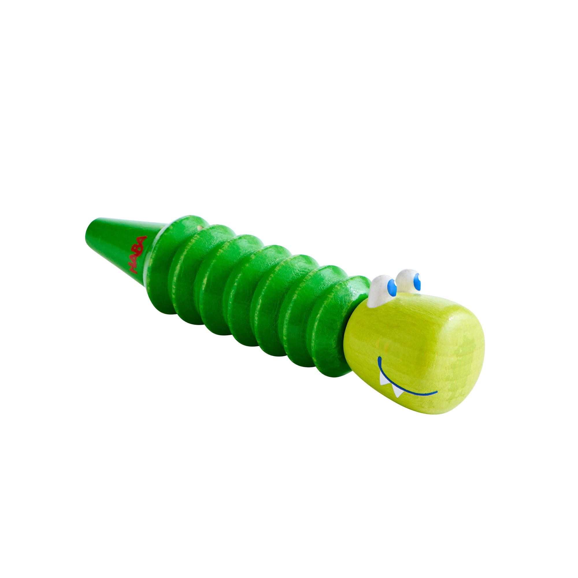 Green and yellow toy caterpillar on a white background