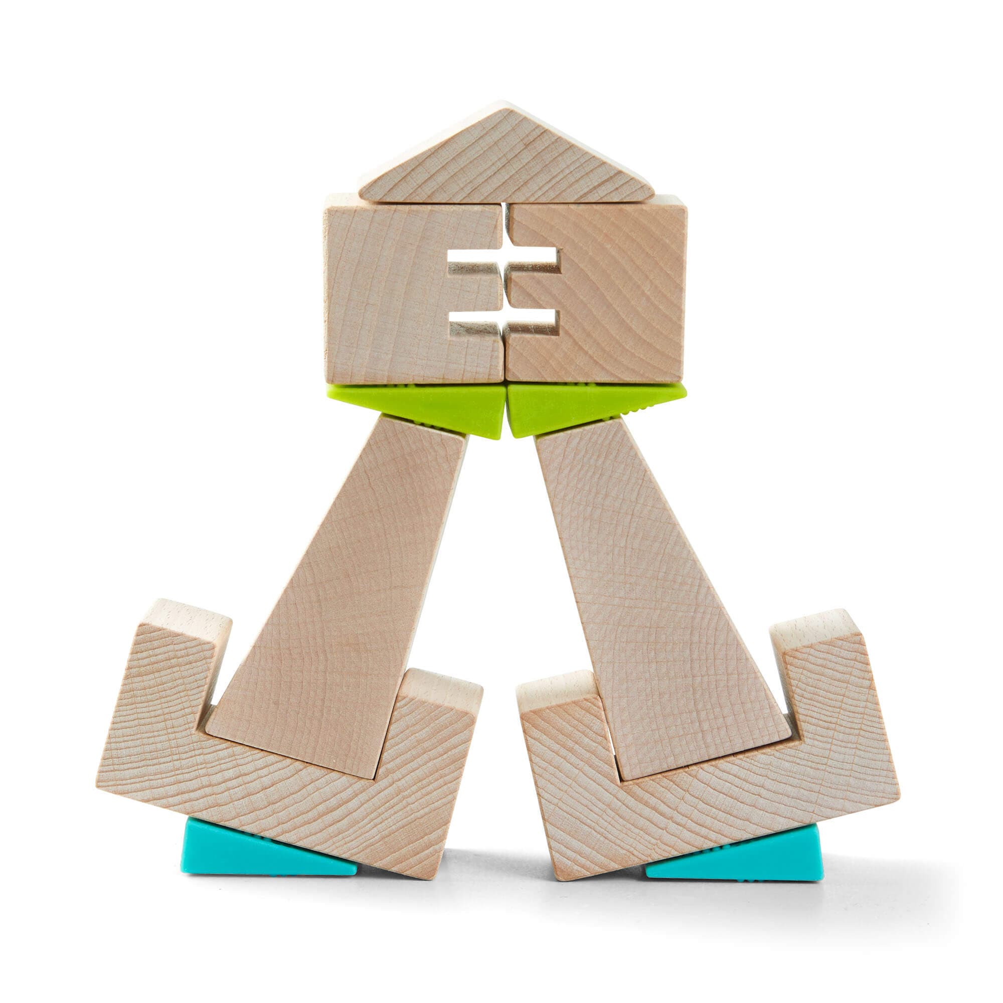 Wooden block toy assembled into a figure on a white background