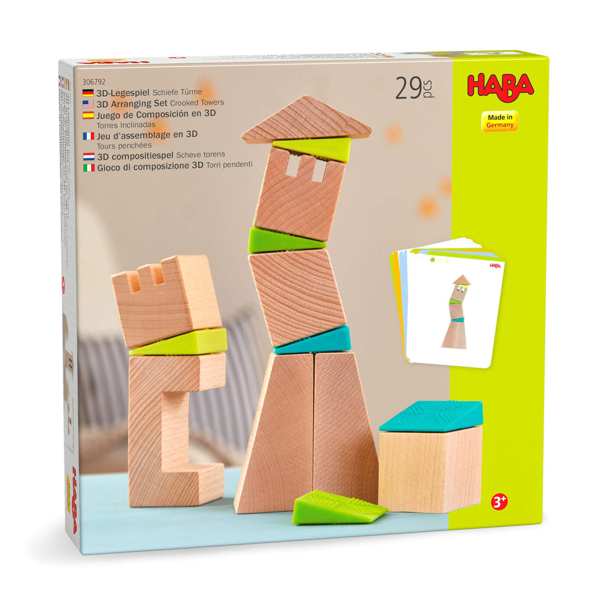 HABA wooden building blocks set packaging with toy illustration and HABA branding.