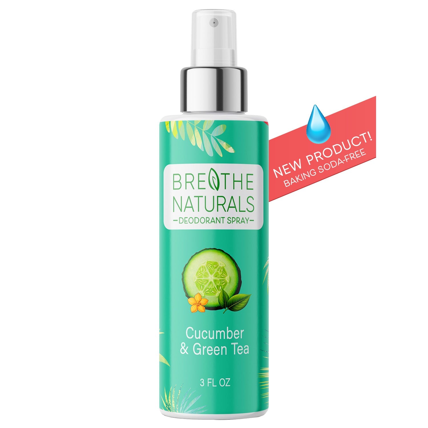 Bottle of Breathe Naturals deodorant spray with cucumber and green tea scent on a white background