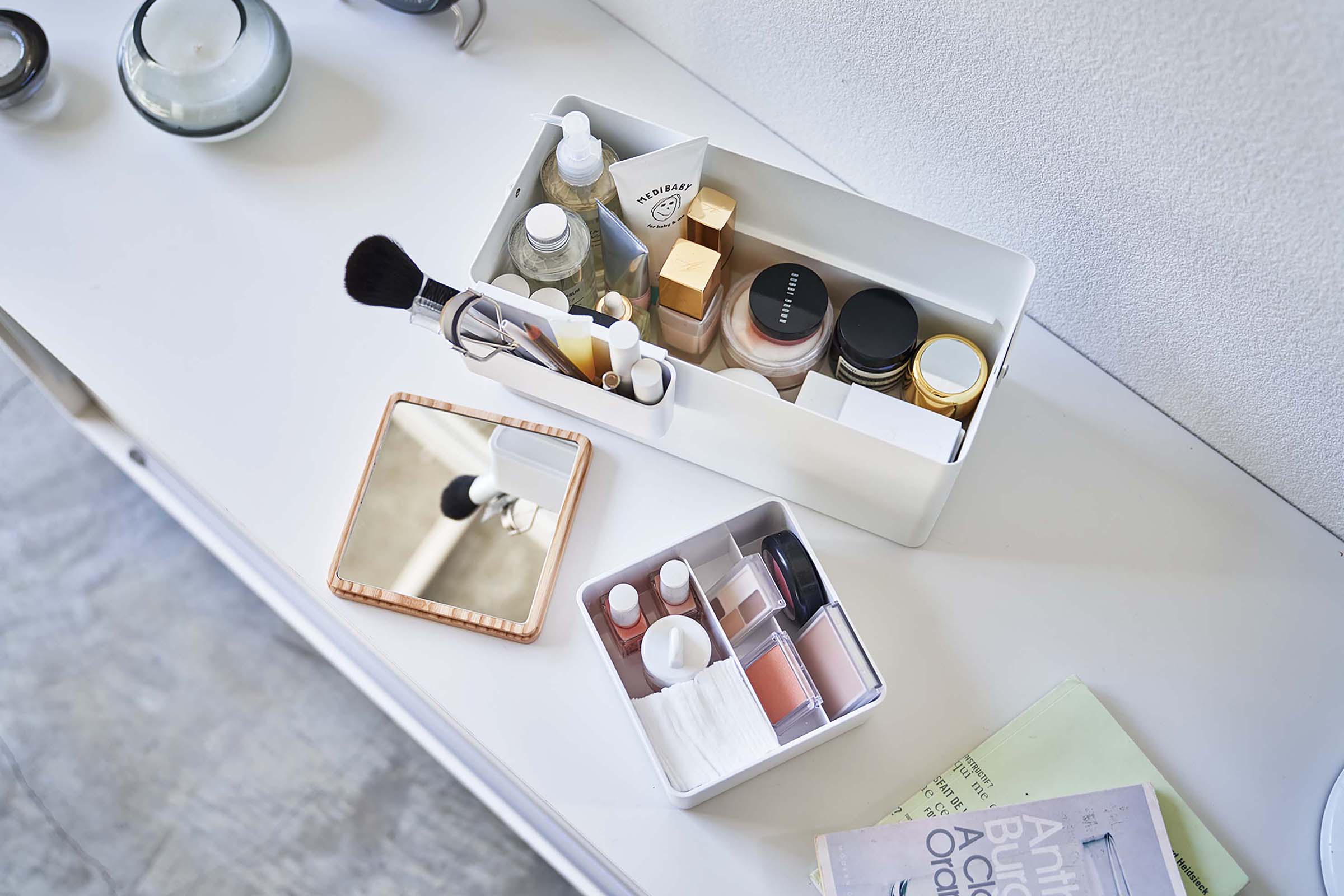 Yamazaki Home Makeup Organizer with Mirror - Steel + Wood