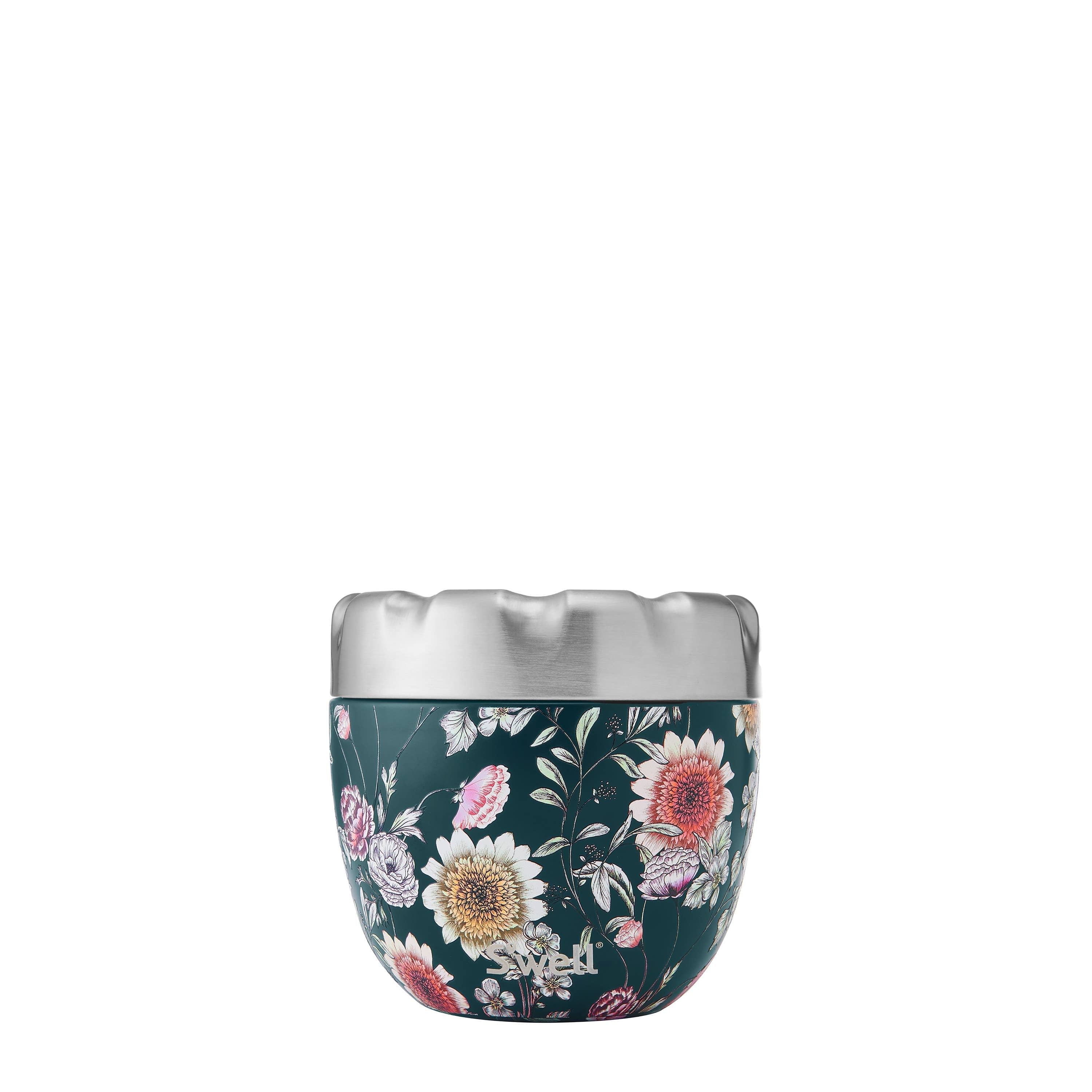 Floral-patterned container with silver lid on a white background