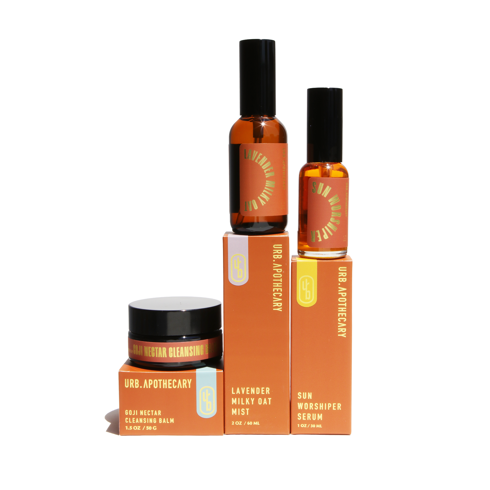 Urb. Apothecary skincare products including bottles and a jar on a white background