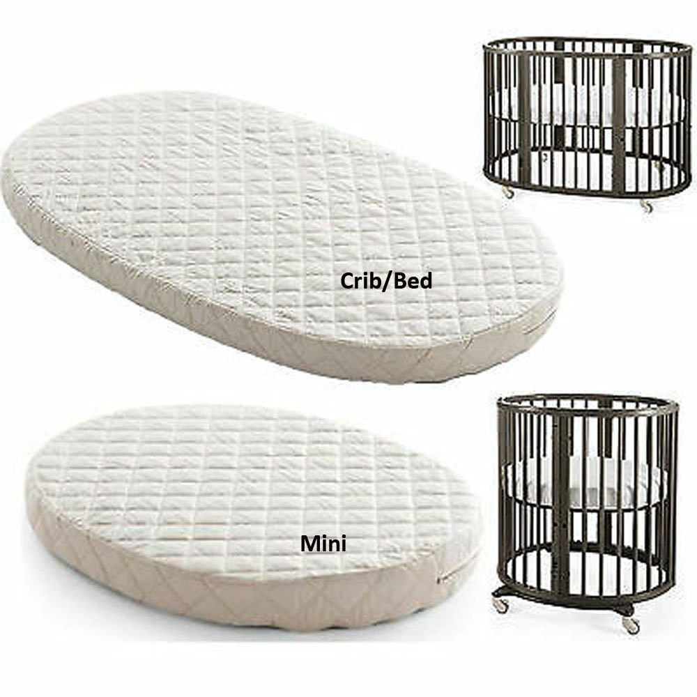Two mattress covers labeled 'Crib/Bed' and 'Mini' with two black baby cribs.