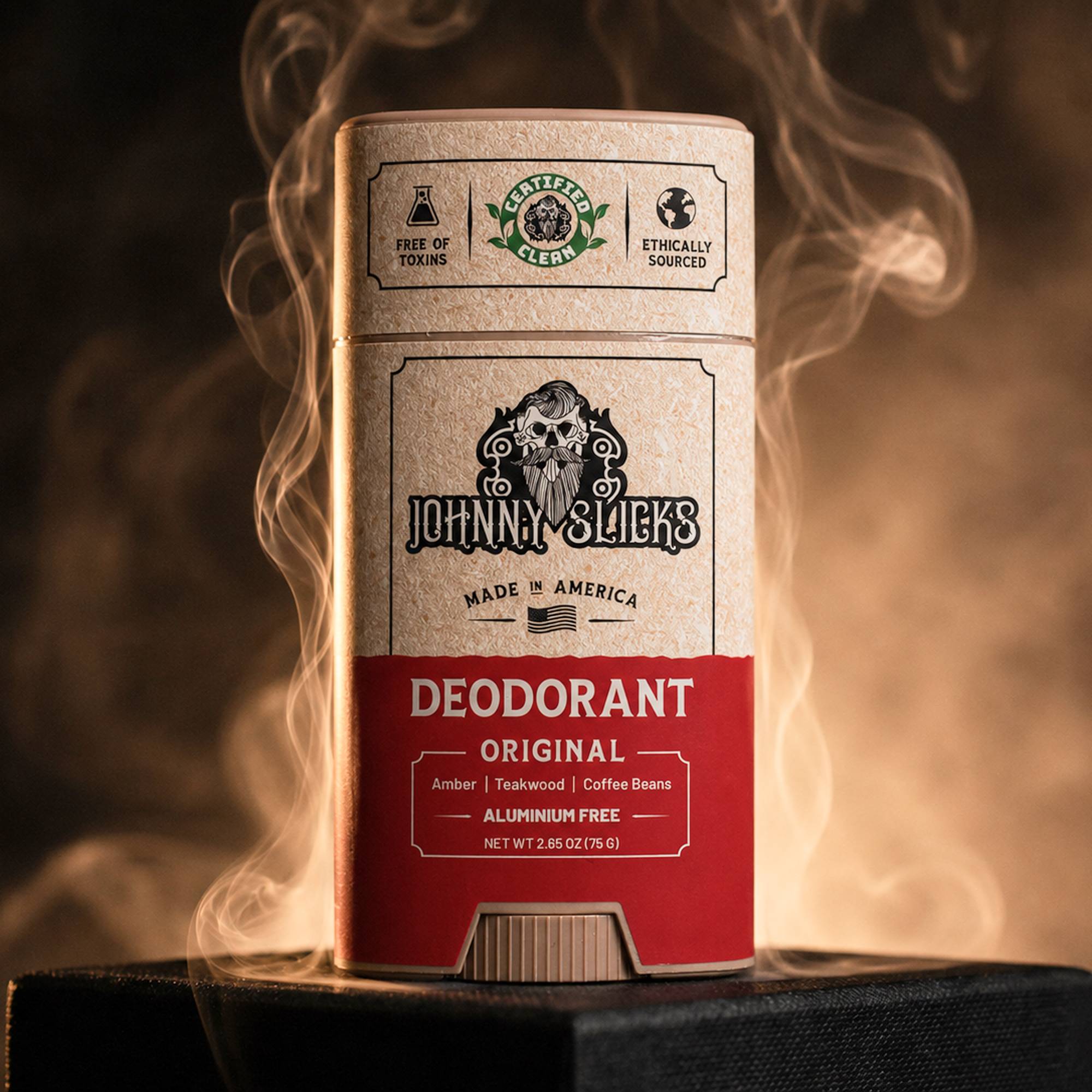 Johnny Slicks deodorant stick with a vintage design on a dark background with smoke effects.