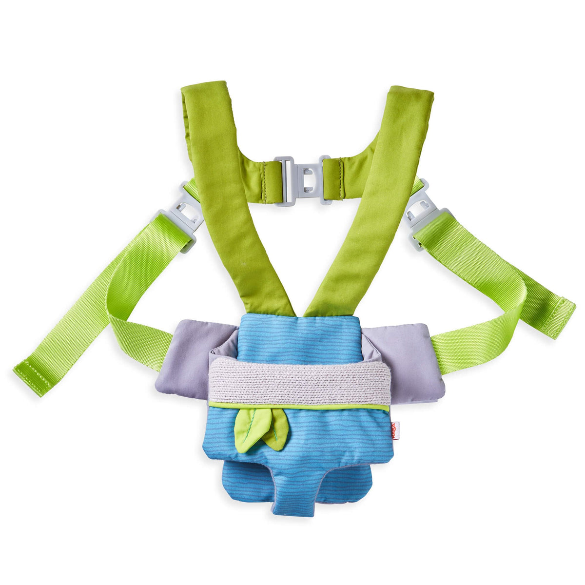 Child safety harness with green straps and blue pants on a white background