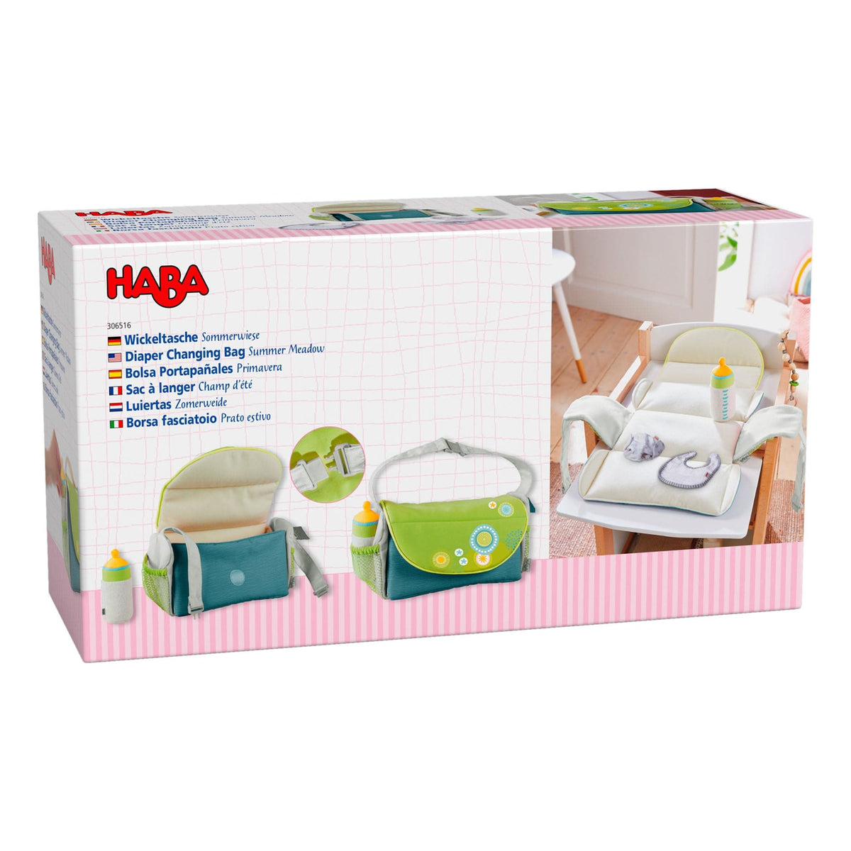 HABA diaper changing bag packaging with images of the product and text.