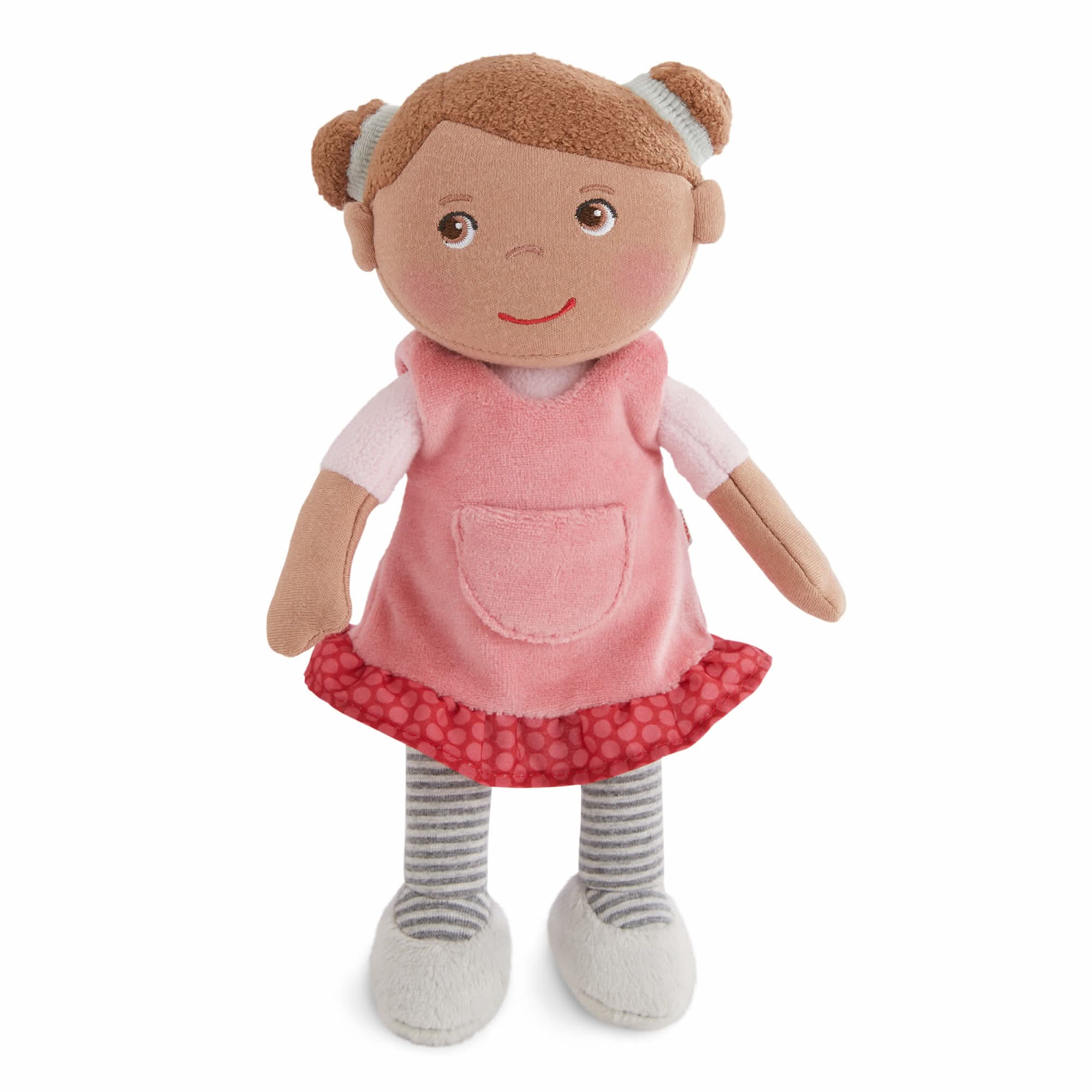 Plush doll with a pink dress and red skirt on a white background