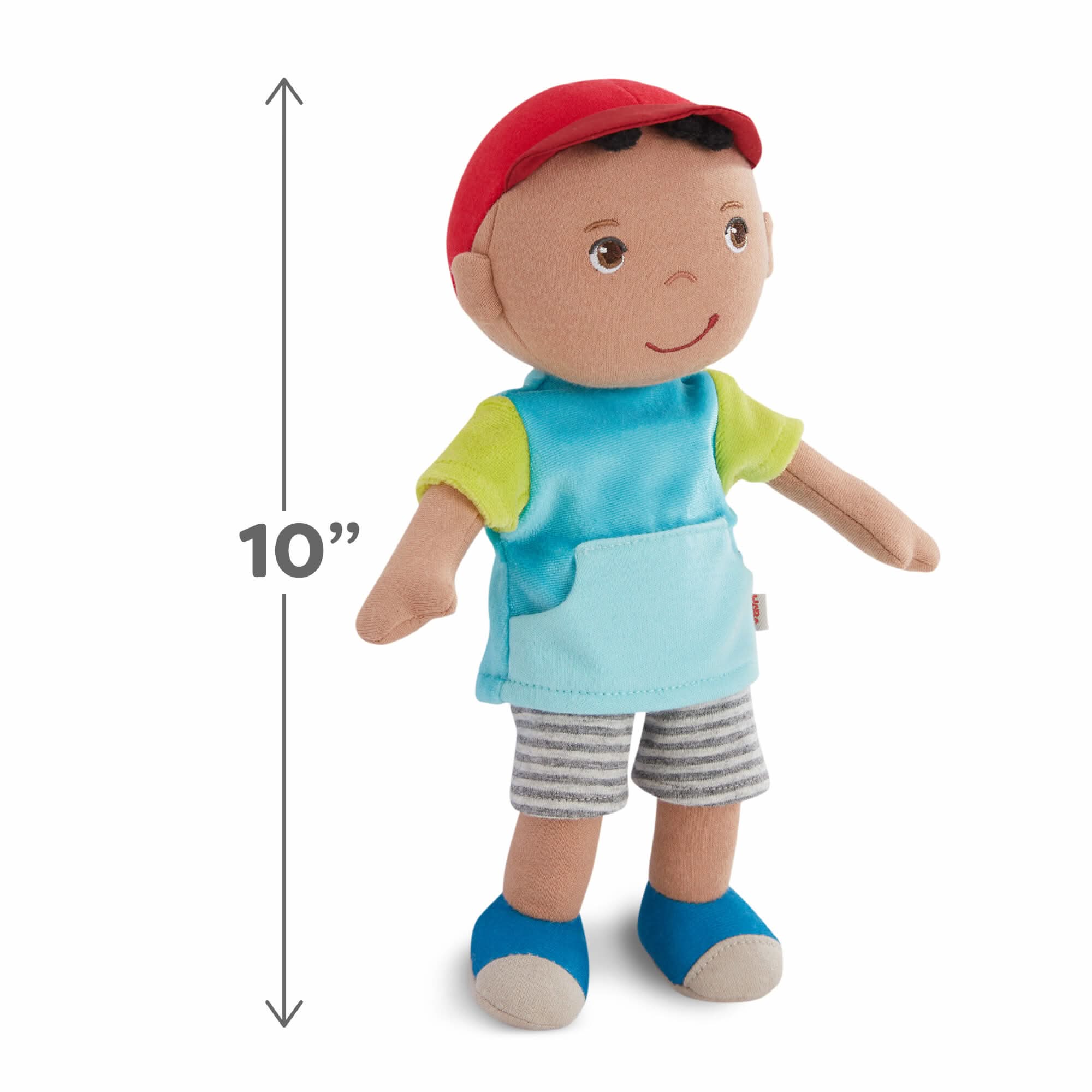 Stuffed toy with a red cap and blue outfit, standing next to a measurement label indicating 10 inches.