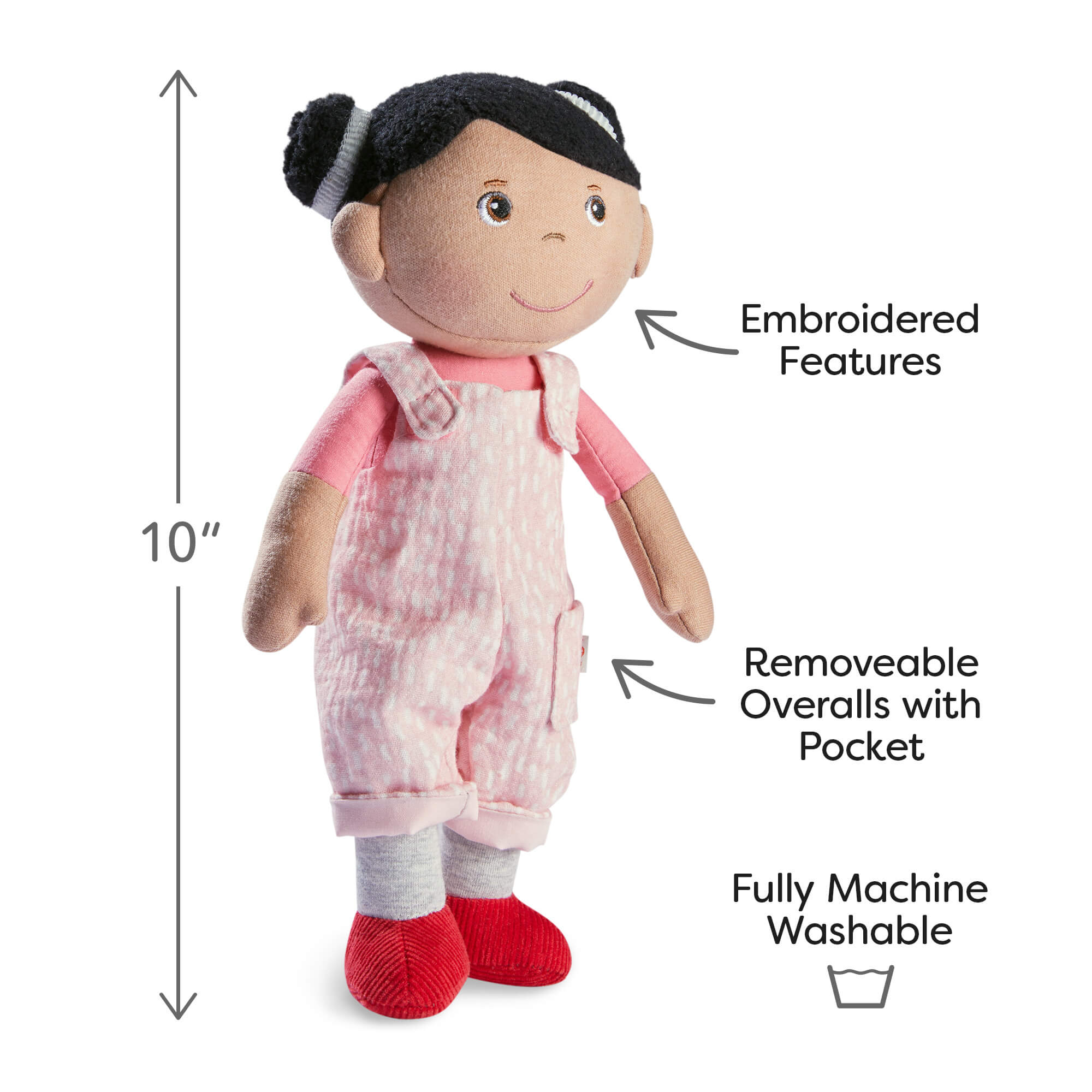 Stuffed doll with pink overalls and red shoes, labeled with features and dimensions.
